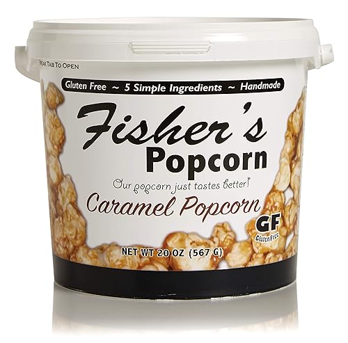 Fisher's Popcorn Caramel Popcorn, Gluten Free, 5 Simple Ingredients, Handmade, No Preservatives, No High Fructose Corn Syrup, Zero Trans Fat, 20oz Tub
