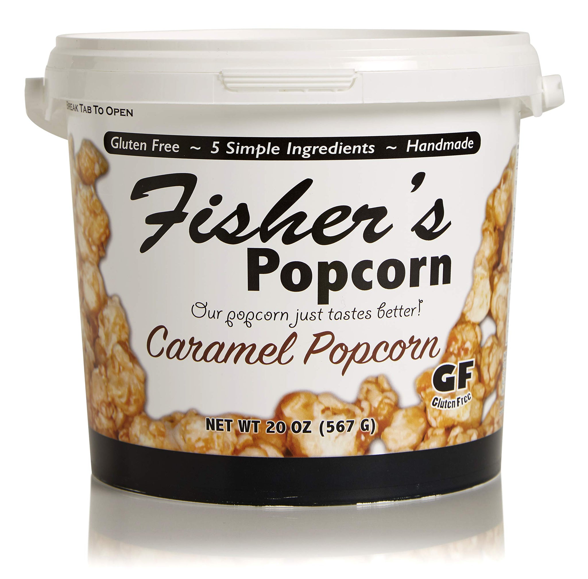 Fisher's Popcorn Caramel Popcorn, Gluten Free, 5 Simple Ingredients, Handmade, No Preservatives, No High Fructose Corn Syrup, Zero Trans Fat, 20oz Tub