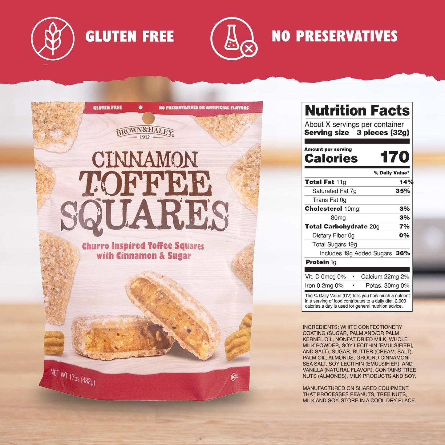 Brown & Haley Cinnamon Toffee Squares - 17oz Bag - Churro Inspired English Toffee Candy with Cinnamon, Sugar & Sea Salt - Gourmet Candy for Gifting