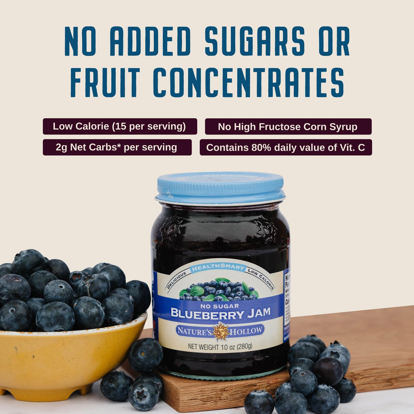Nature's Hollow Blueberry Jam: Sugar Free Jam and Preserves, Low Cal, Non GMO, Keto Jam, Vegan, Gluten Free, and Diabetic Friendly - Sugar Free Jelly