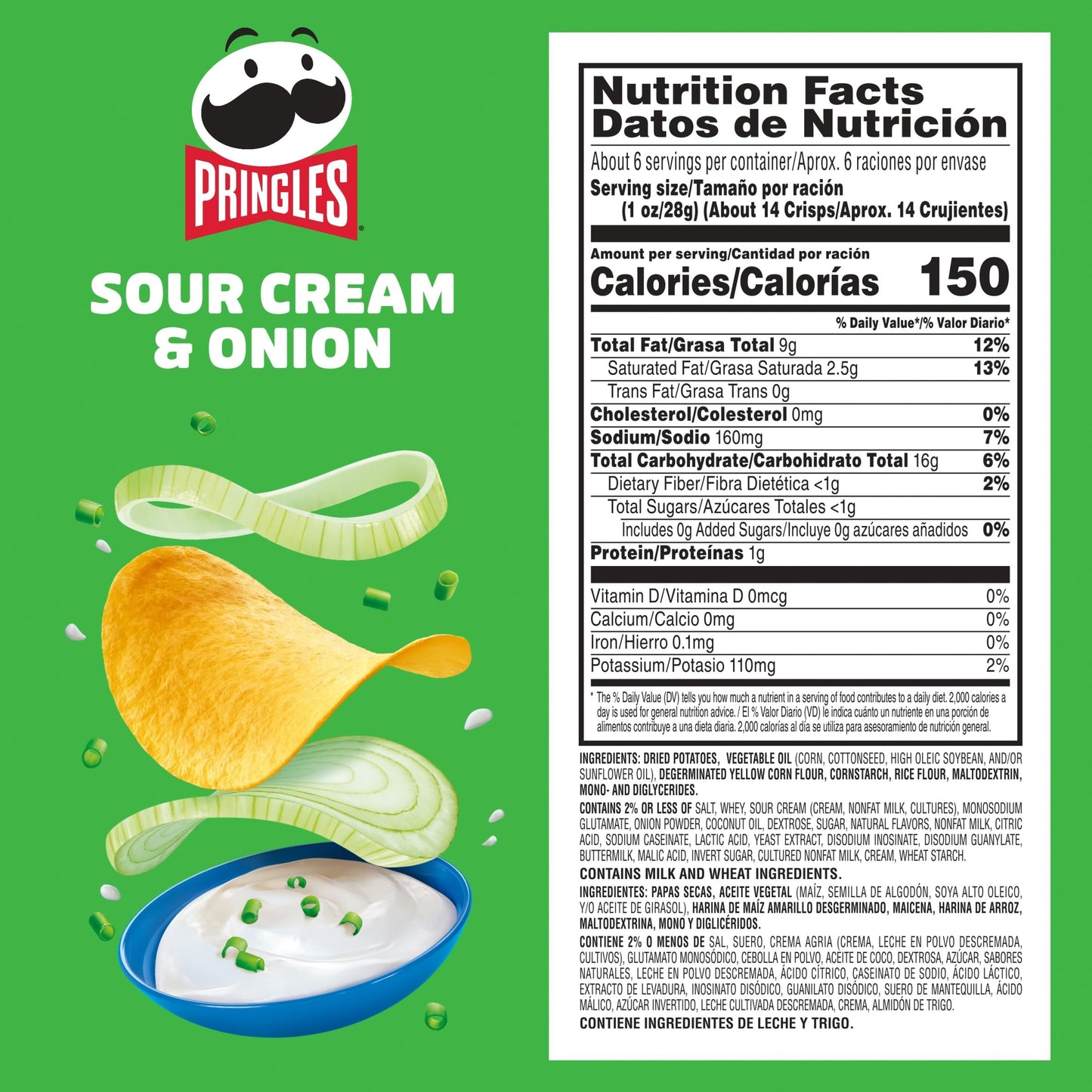 Pringles Potato Crisps Chips, Lunch Snacks, On-The-Go Snacks, Sour Cream and Onion, 5.5oz Can (1 Can)