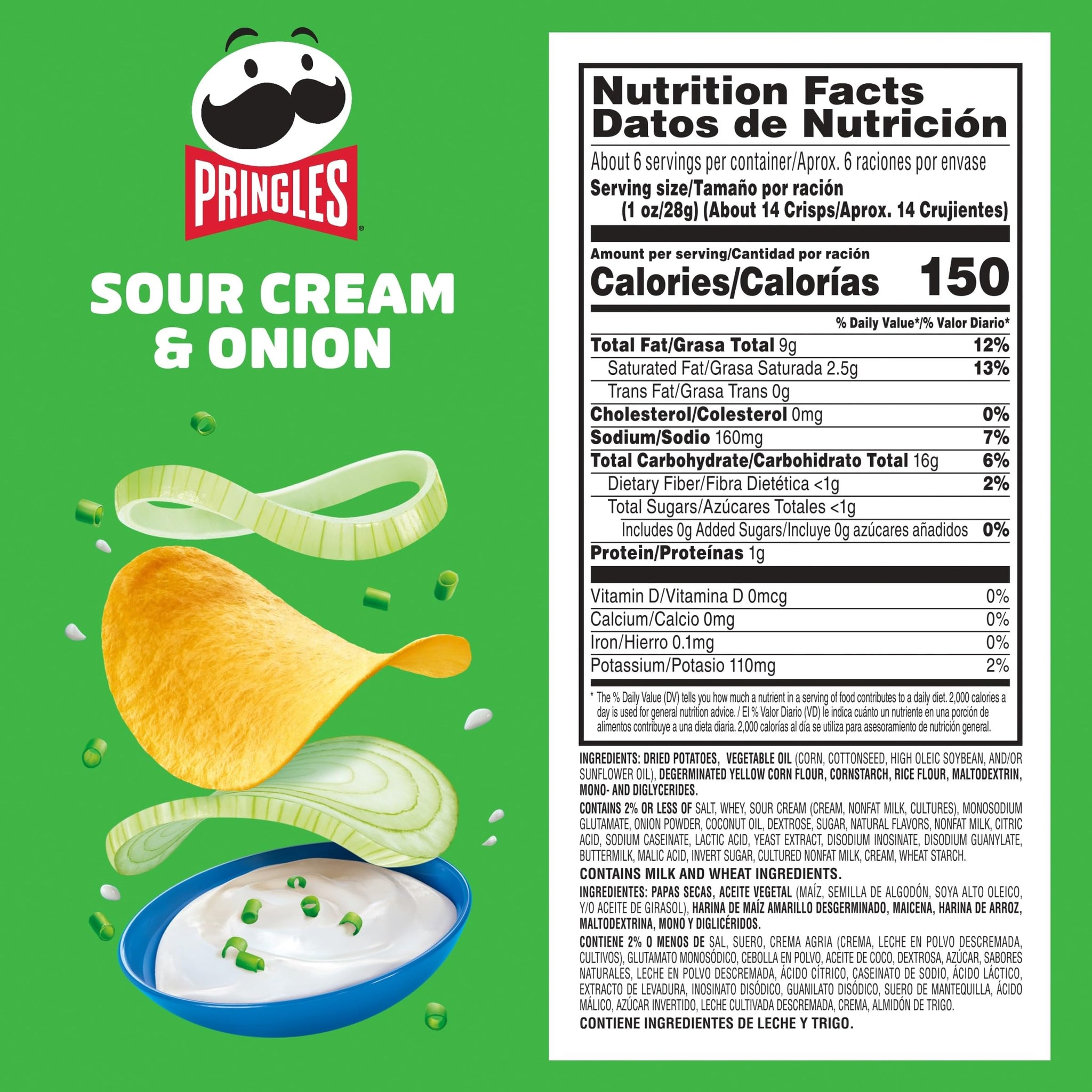 Pringles Potato Crisps Chips, Lunch Snacks, On-The-Go Snacks, Sour Cream and Onion, 5.5oz Can (1 Can)