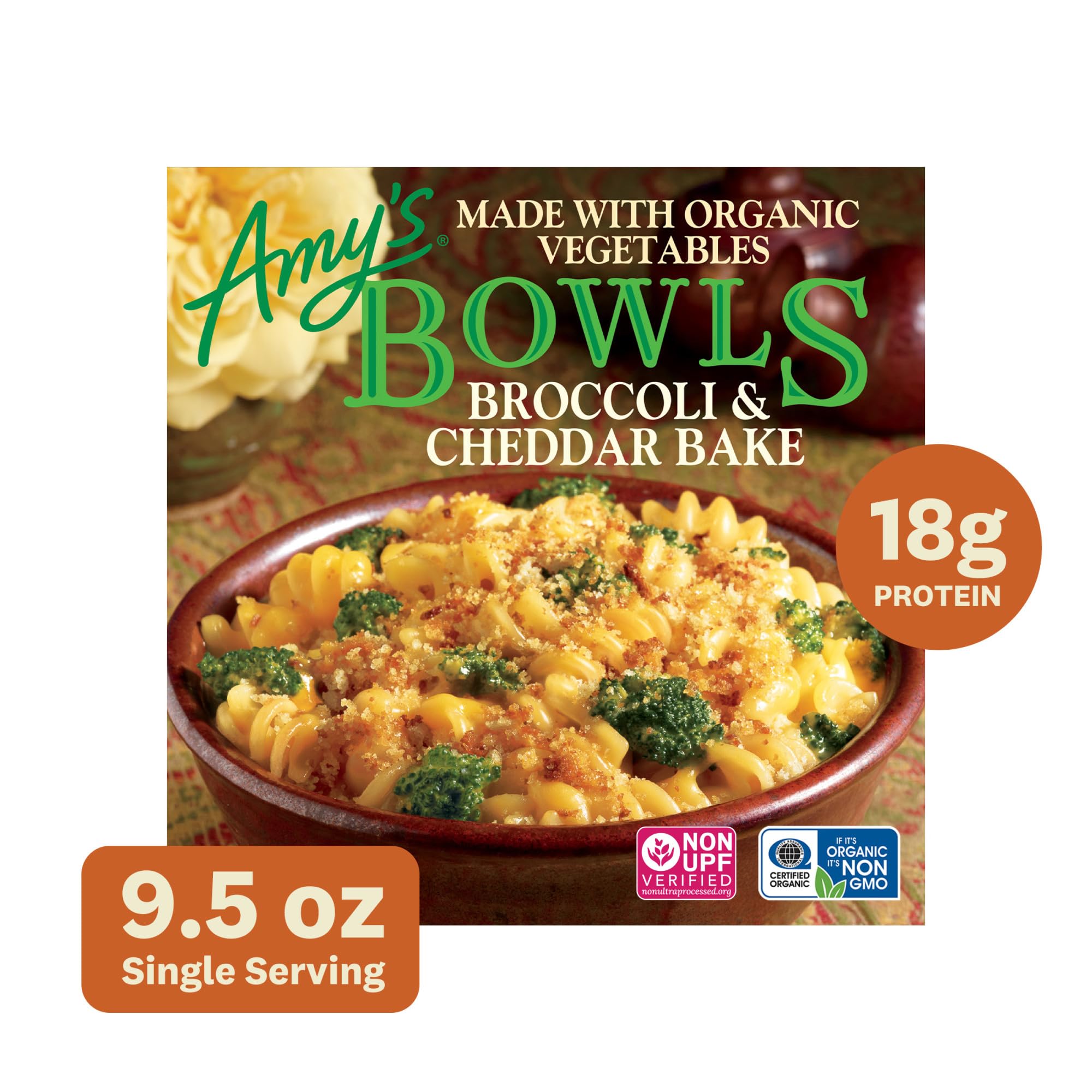 Amy's Frozen Meals, Broccoli & Cheddar Bake Bowl, Made With Organic Vegetables, Microwave Meals, 9.5 Oz
