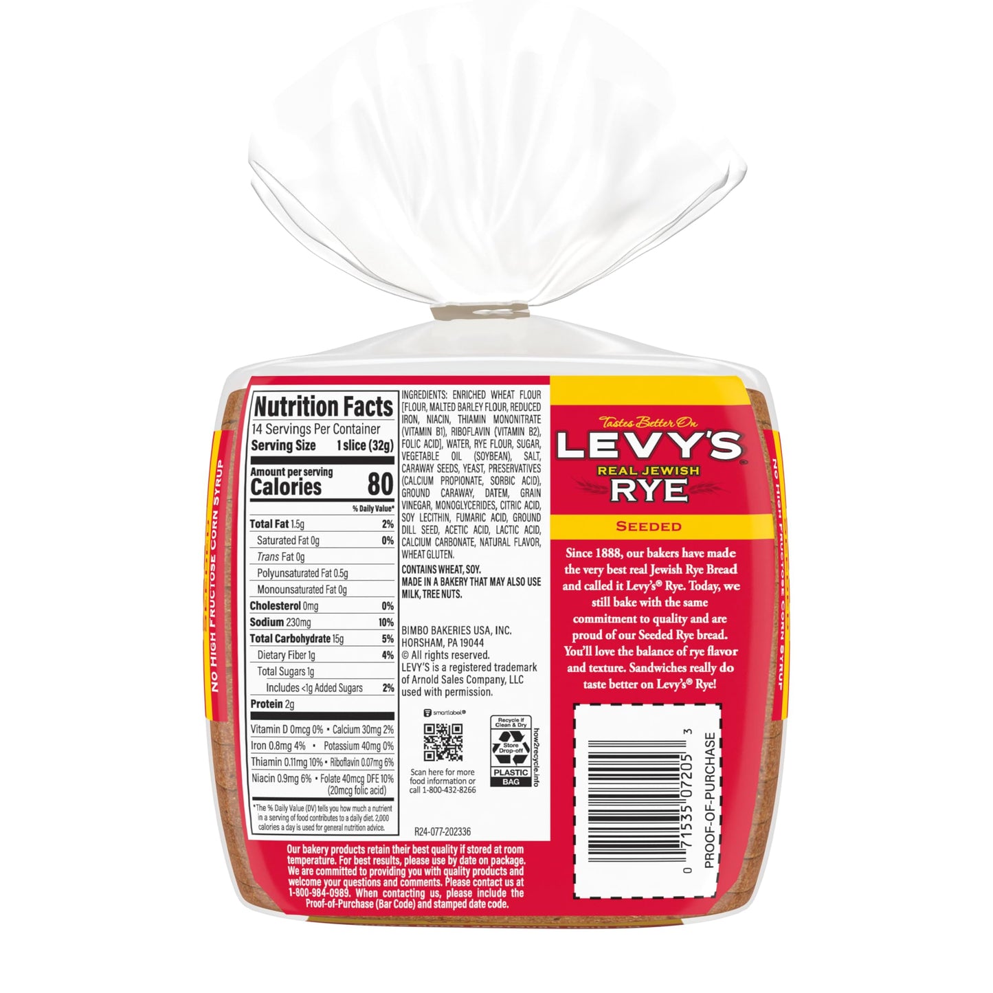 Levy's Seeded Rye Bread, Rye Bread, 16 oz Bag