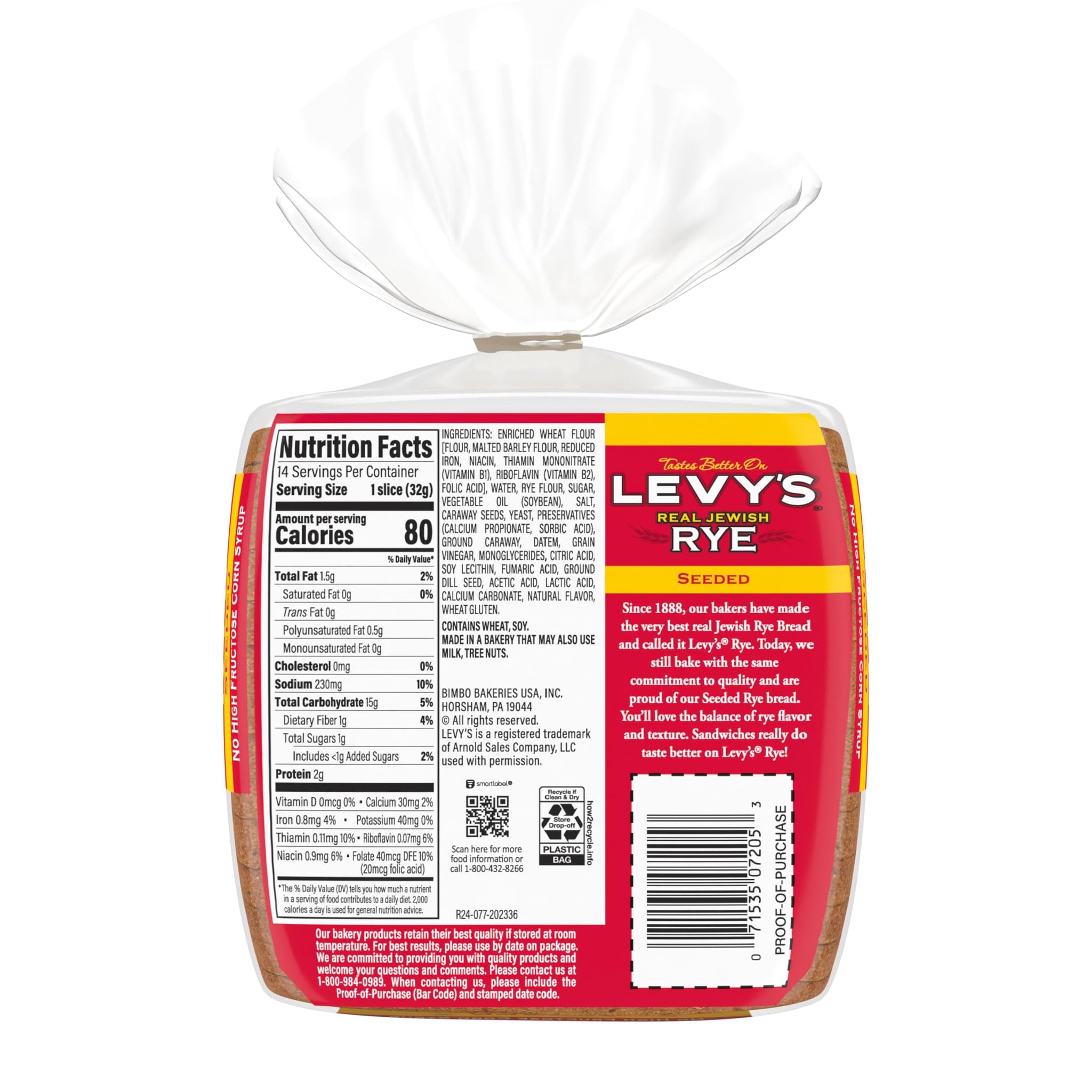 Levy's Seeded Rye Bread, Rye Bread, 16 oz Bag