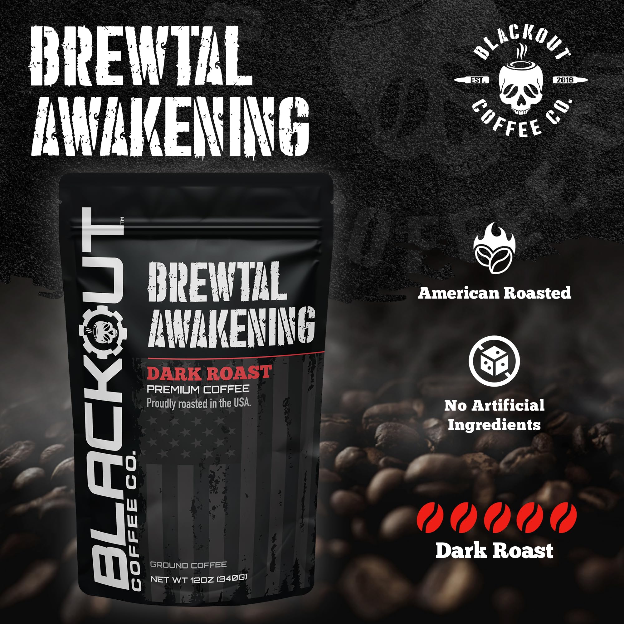 Blackout Coffee Brewtal Awakening Ground Coffee - Dark Roast, Bold Flavor - Freshly Roasted 12oz Bag