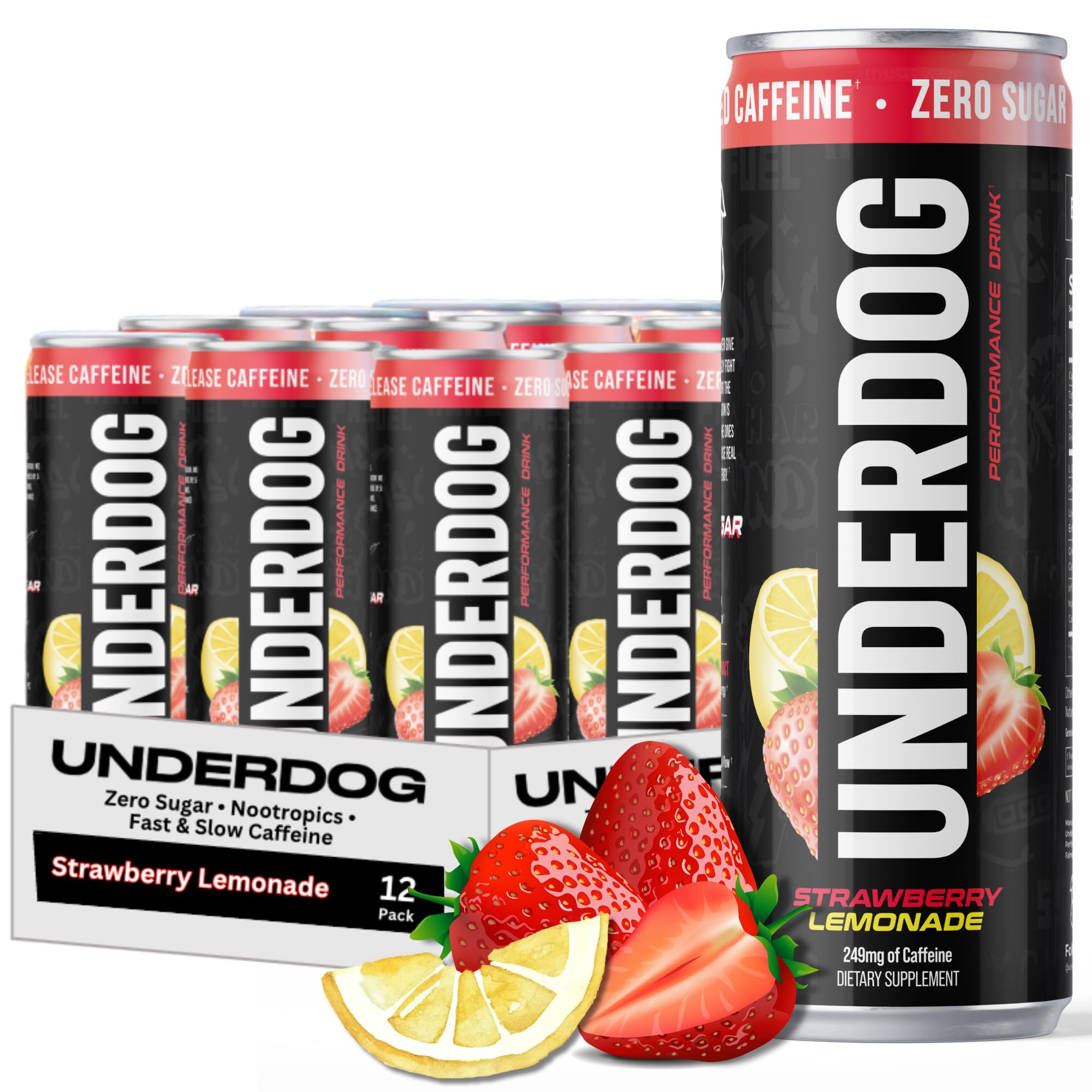 Underdog Performance Energy Drink, Strawberry Lemonade, Nootropics, Green Tea Extract, Citrulline, Clean, Sugar Free Fast & Slow Release 249mg