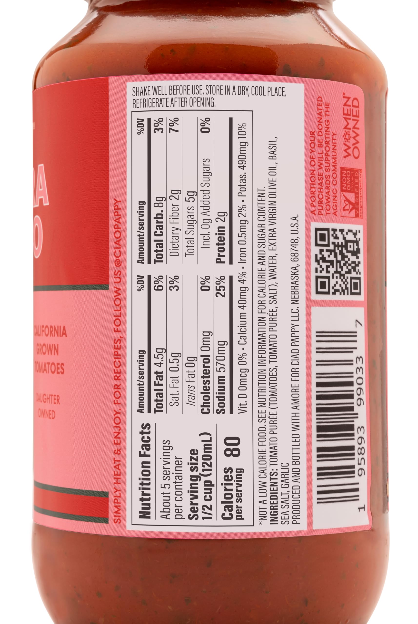 Ciao Pappy Marinara Alla Pappy Pasta Sauce - Tomato Sauce for Pasta Dishes - Non-GMO -No Sugar Added - Low Carb - Gluten Free - Paleo Friendly - Keto