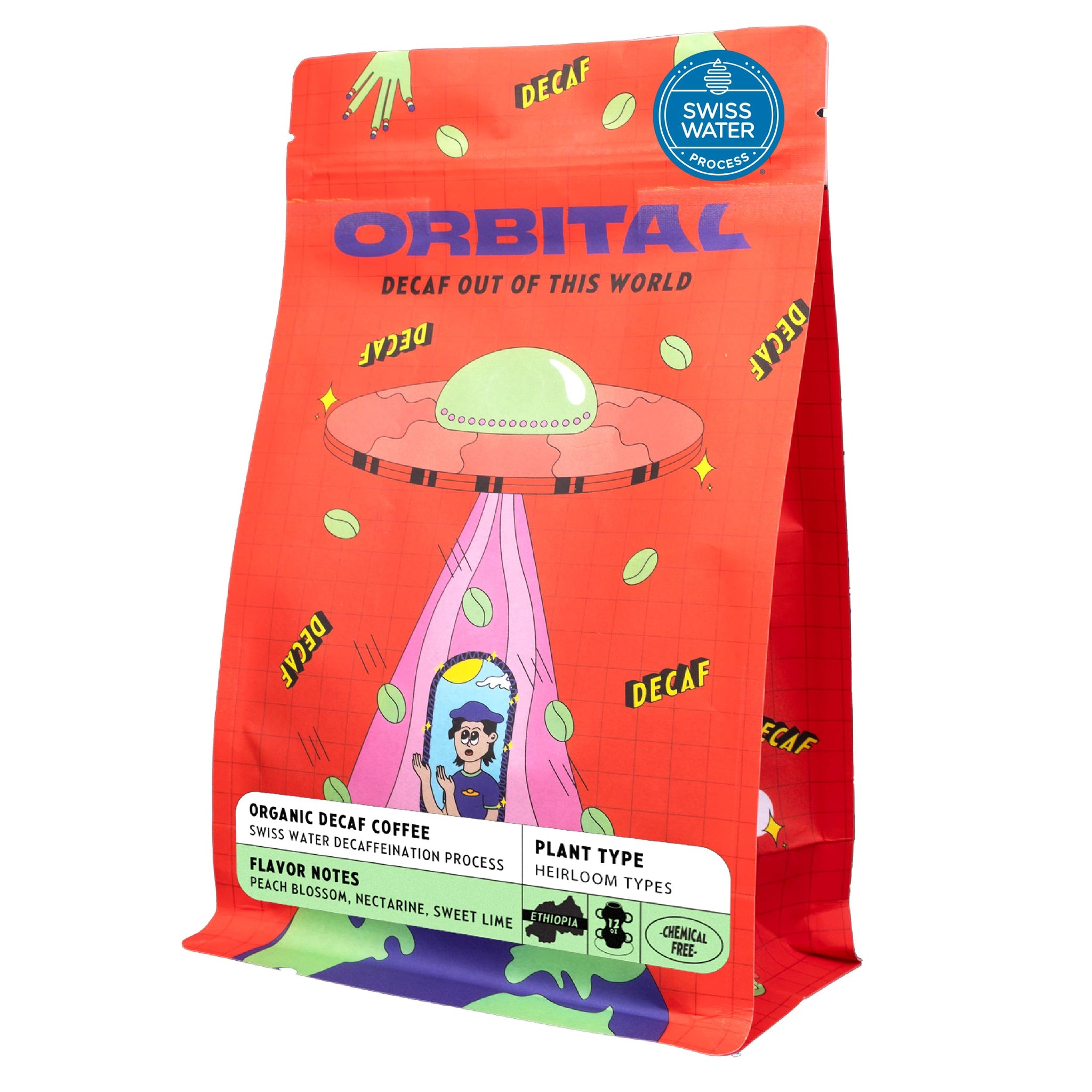 Orbital Peachy Galaxy | USDA Organic Decaffeinated Coffee Beans | Swiss Water Process | Low Acid | 12oz