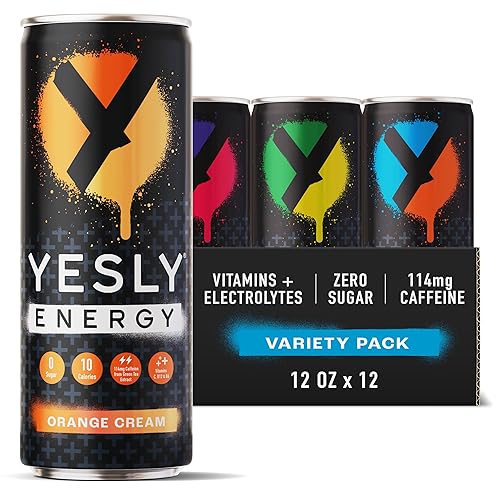 Yesly Energy Drink, Variety Pack, Naturally Flavored Sparkling Energy Drink With Electrolytes, Magnesium, Potassium, Vitamin C, B6 & B12, Natural