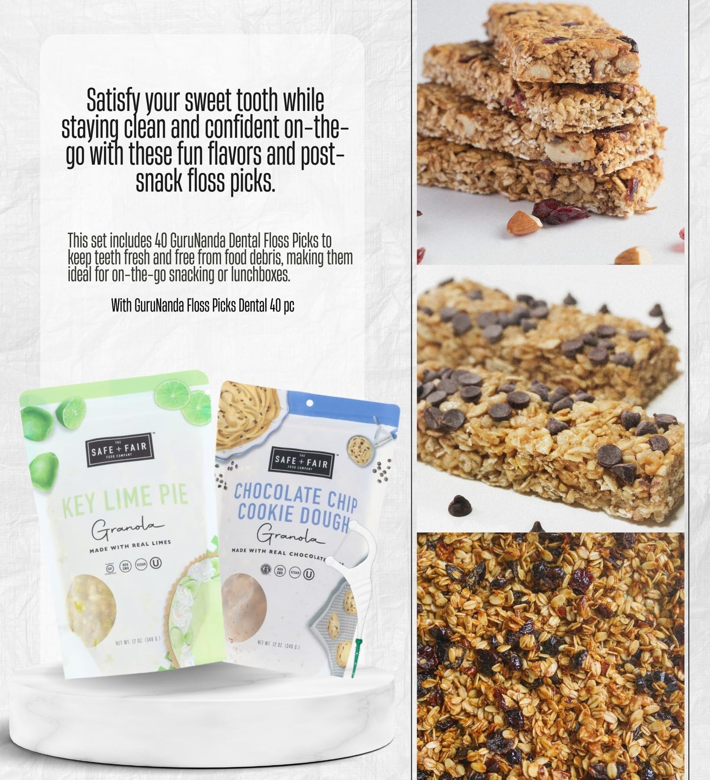 The Safe And Fair Food Company Granola Key Lime Pie 12 OZ, Chocolate Chip Cookie Dough 12 OZ Bundle with Dental Floss - Allergen-Free, Plant-Based