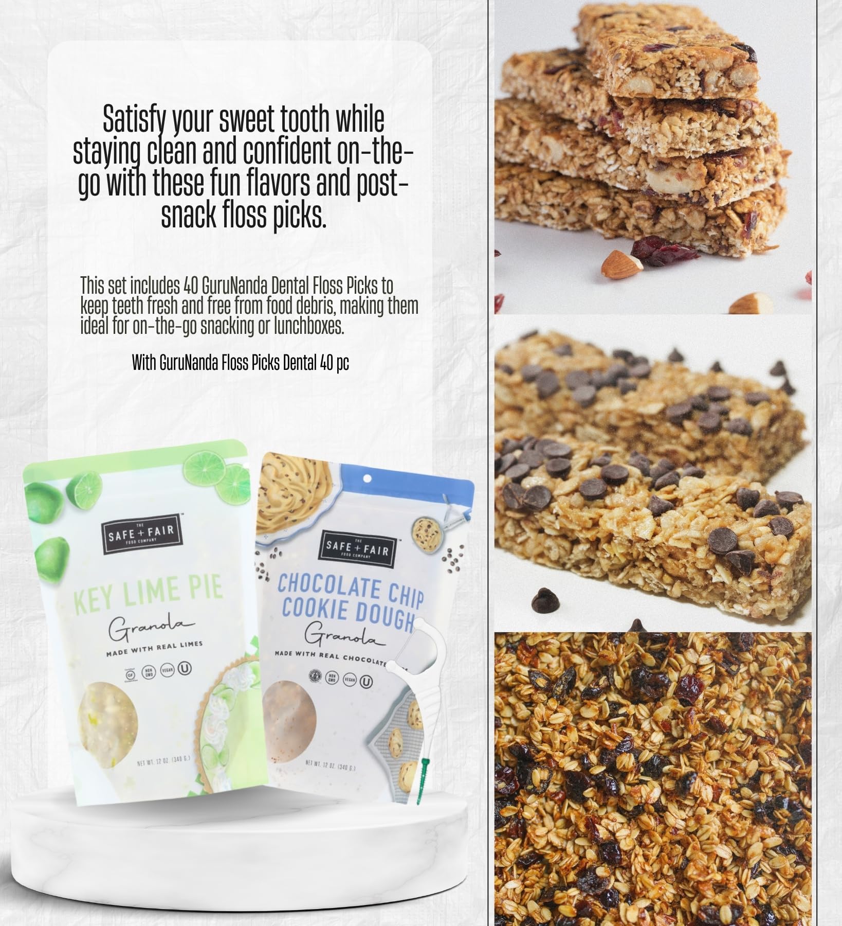 The Safe And Fair Food Company Granola Key Lime Pie 12 OZ, Chocolate Chip Cookie Dough 12 OZ Bundle with Dental Floss - Allergen-Free, Plant-Based