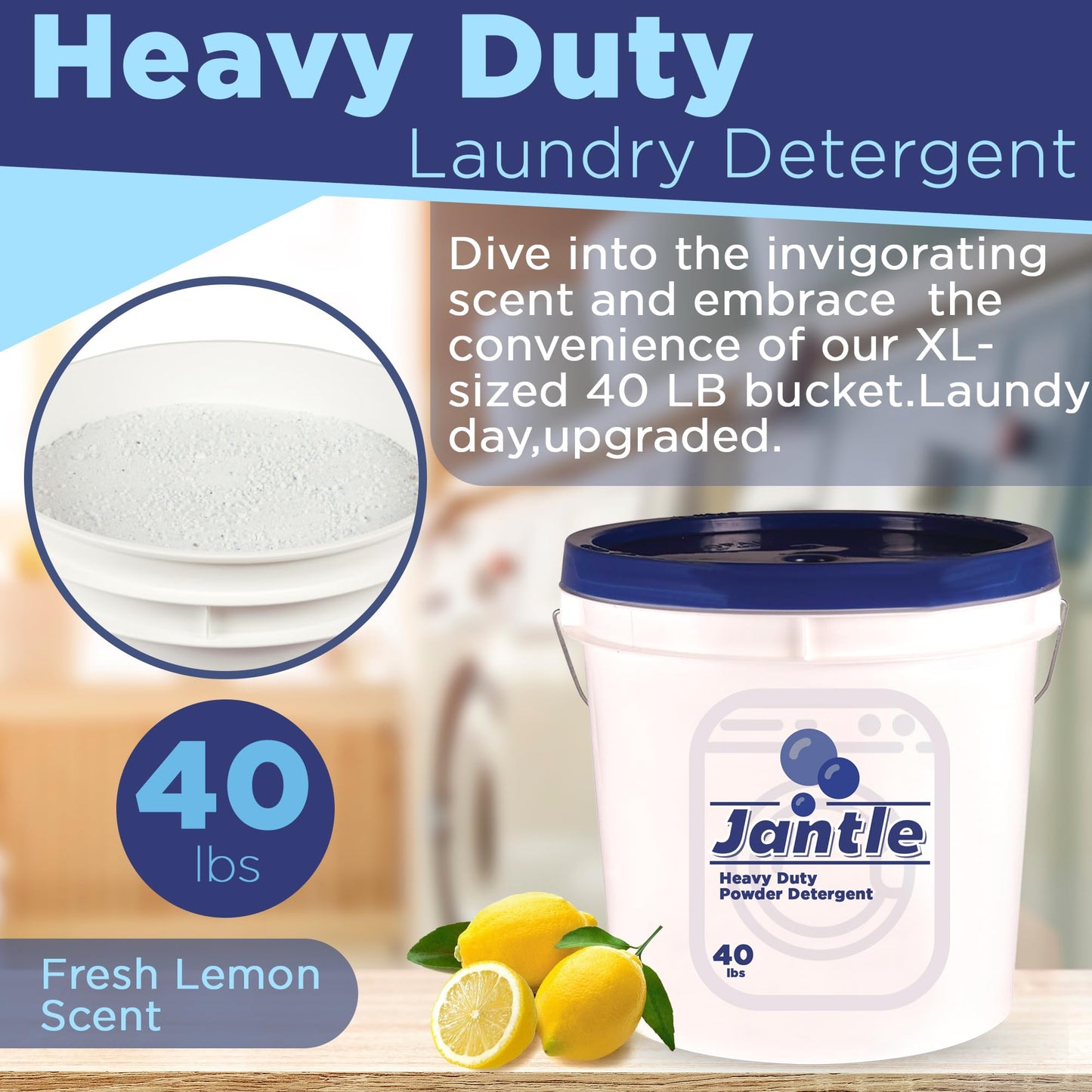 Laundry Detergent Powder Bucket, Low Suds Laundry Detergent Bucket - Lemon Scent- 40 lbs Pail Economical Powdered Detergent Commercial Laundry