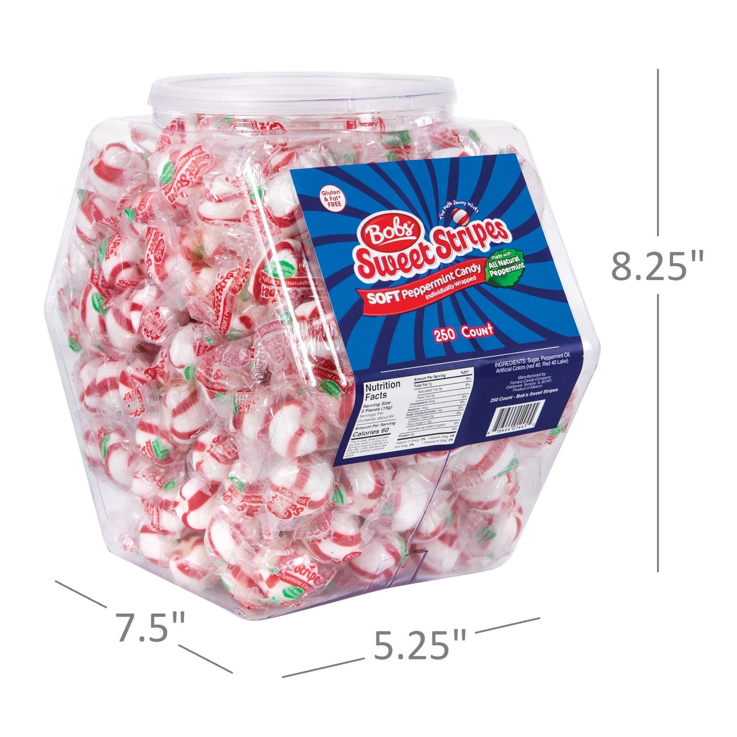 Bob's Sweet Stripes Bobs Sweet Stripes Soft Peppermint Candy - 250 Mints Individually Wrapped in Reusable Plastic Tub - Peppermint Candy White,Red