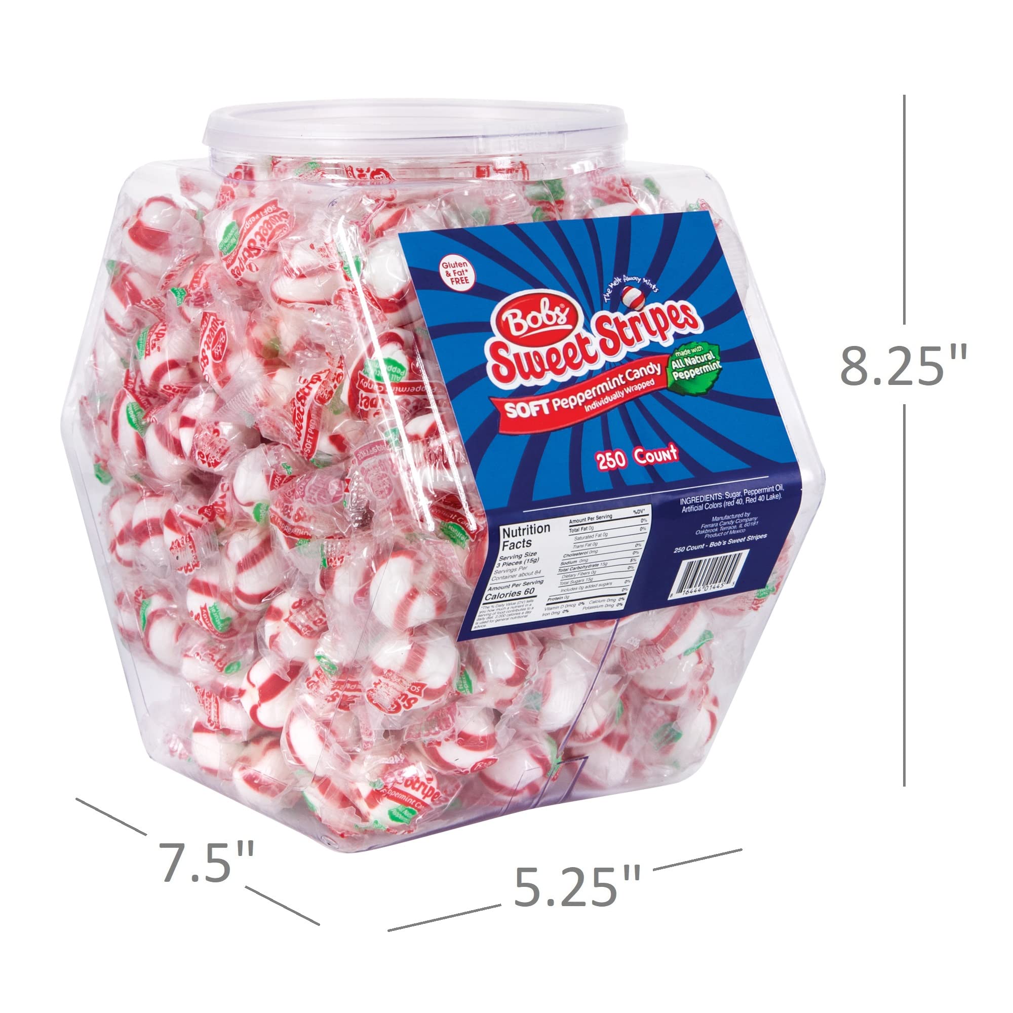 Bob's Sweet Stripes Bobs Sweet Stripes Soft Peppermint Candy - 250 Mints Individually Wrapped in Reusable Plastic Tub - Peppermint Candy White,Red
