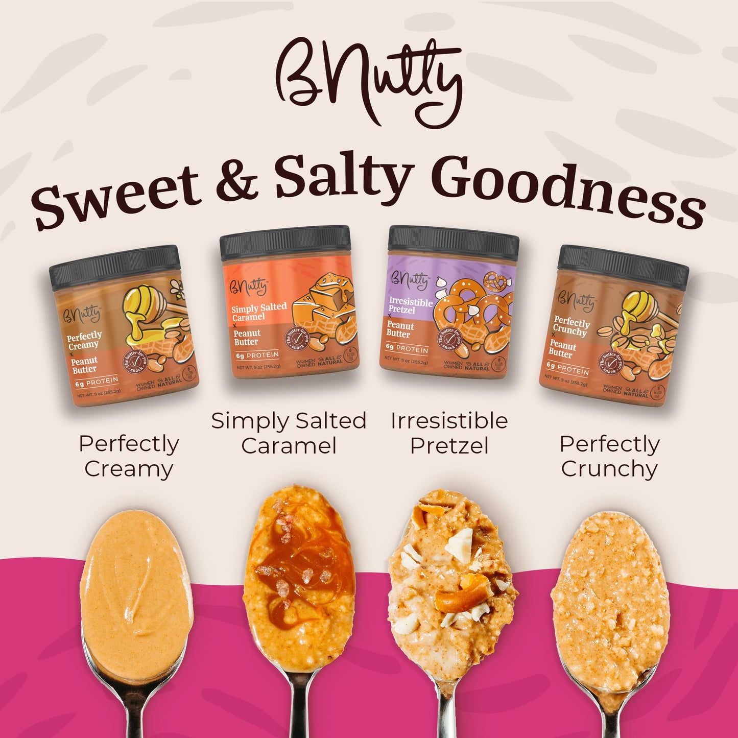 B'Nutty Sweet & Salty Peanut Butter | Simply Irresistible Salted Caramel & Pretzel Peanut Butter | Wholesome, Crunchy & Creamy, High Protein, Gluten
