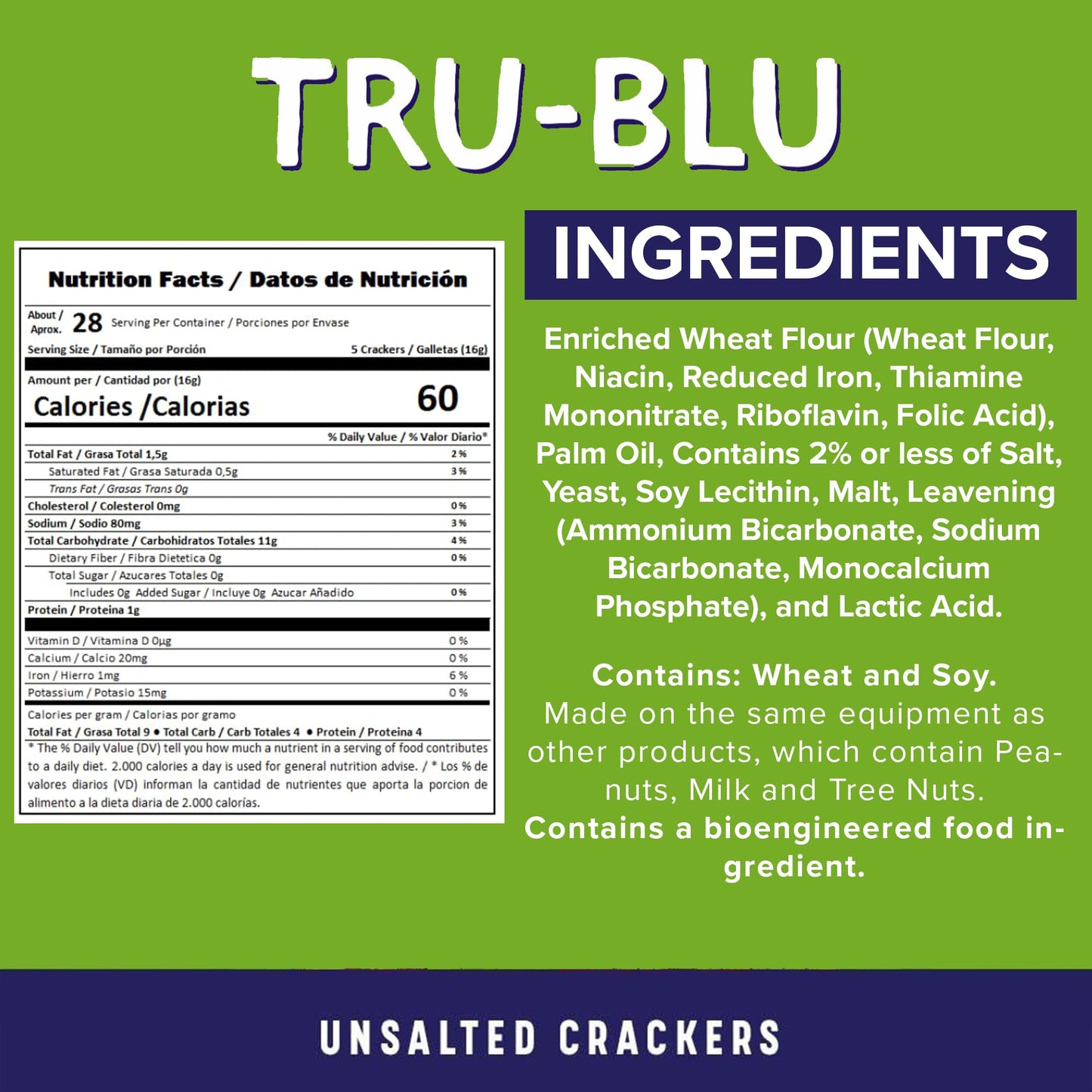 Tru Blu Unsalted Saltine | No artificial ingredients | No High Fructose Corn Syrup | Made in the USA | 16 Ounce (Pack of 3)