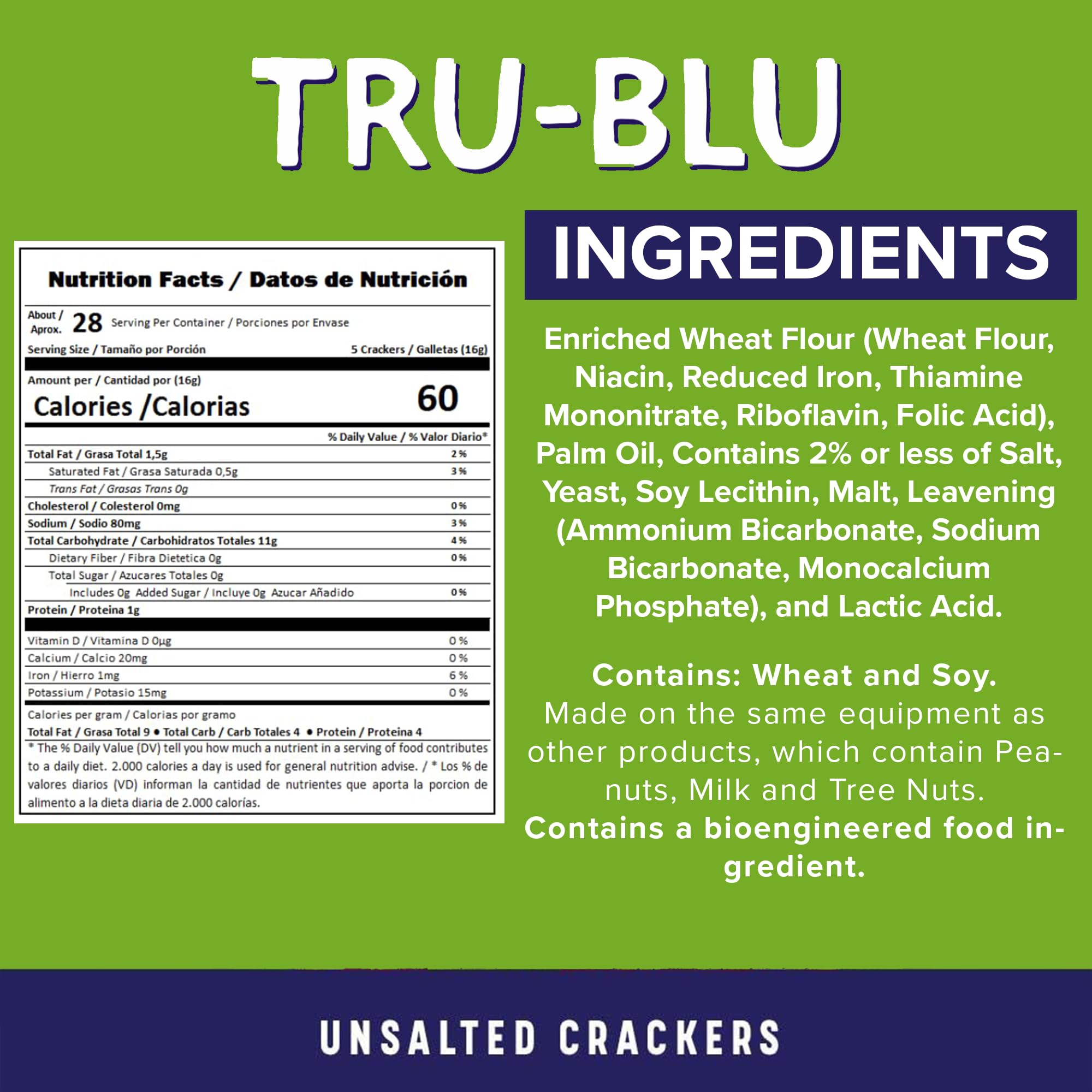 Tru Blu Unsalted Saltine | No artificial ingredients | No High Fructose Corn Syrup | Made in the USA | 16 Ounce (Pack of 3)