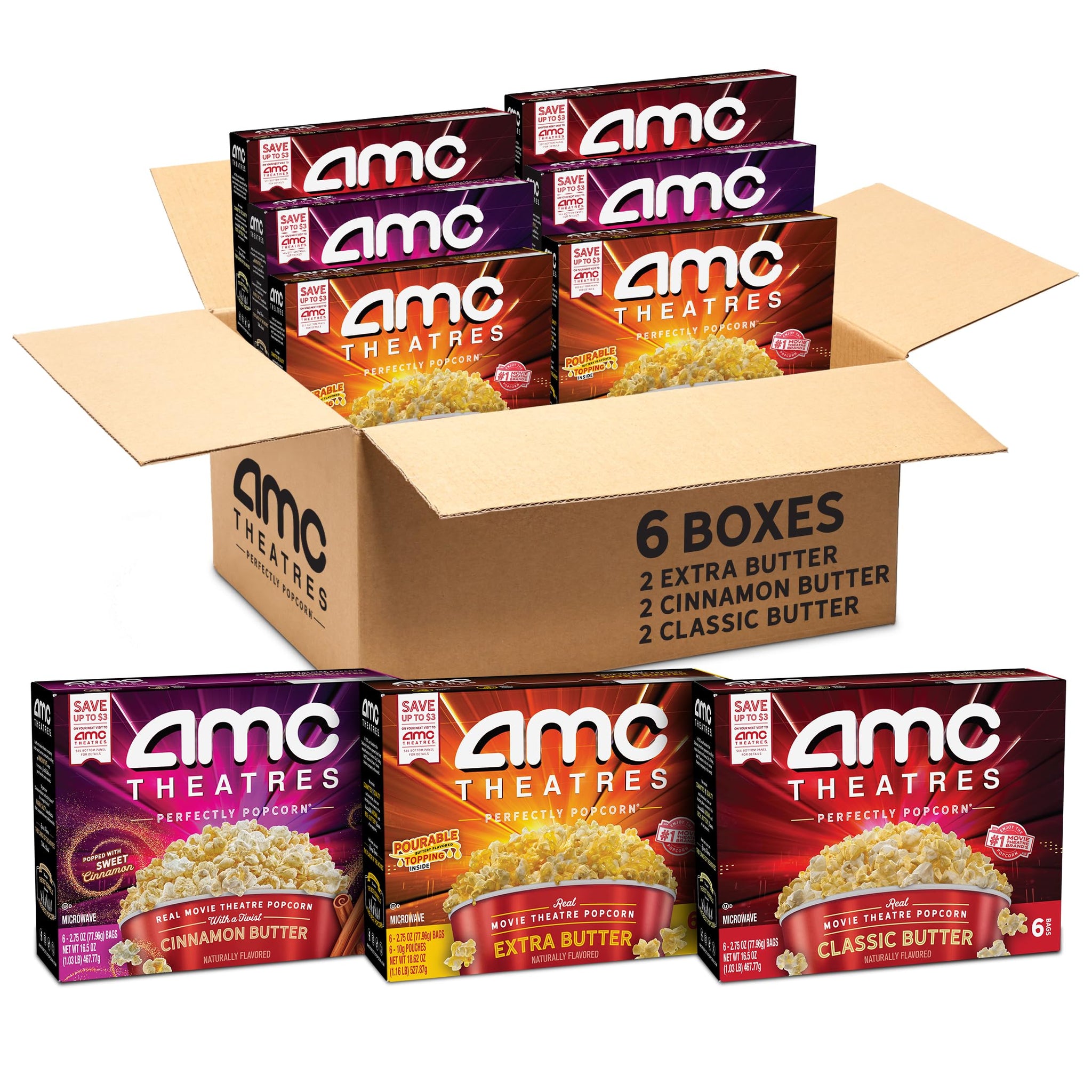 AMC Theatres Microwave Popcorn, Variety Pack with Cinnamon Butter, 2.75 oz (6 Boxes, 36 Count)