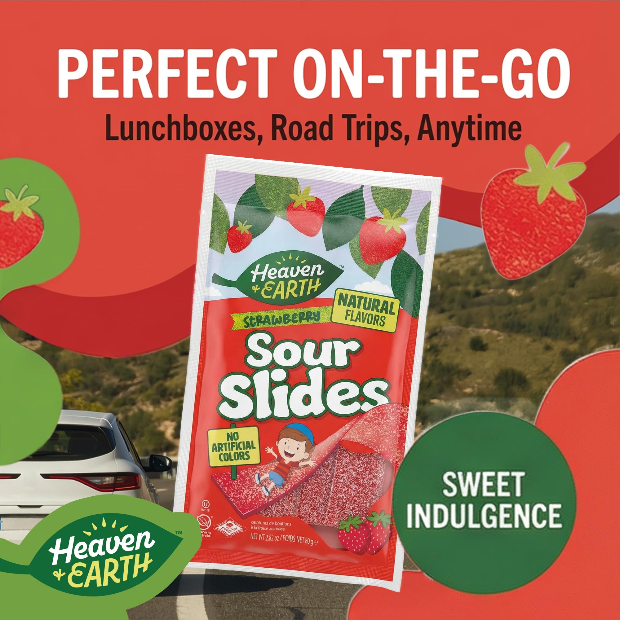 Heaven & Earth Strawberry Sour Slides Candy, 2.8 oz (6 Pack) | Sour Belts | Natural Flavors, No Artificial Colors | Made with Real Fruit Juice |