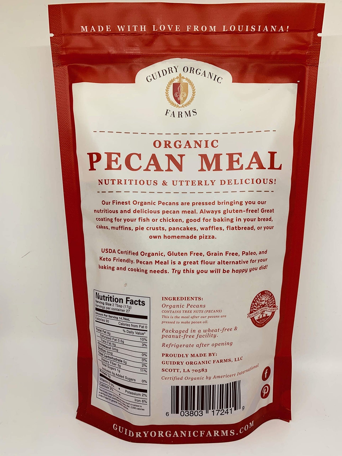 Guidry Organic Farms Pecan Meal, USDA Certified Organic, 16 oz. delicious baking alternative,Gluten Free, Paleo & Keto Friendly, Protein Additive