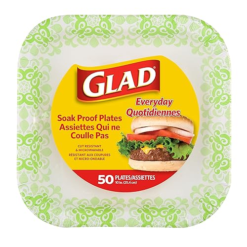 Glad Square Heavy Duty Paper Plates, Soak Proof and Cut Proof Disposable Plates for Parties and Everyday Meals, Microwaveable for Easy Serving, Green