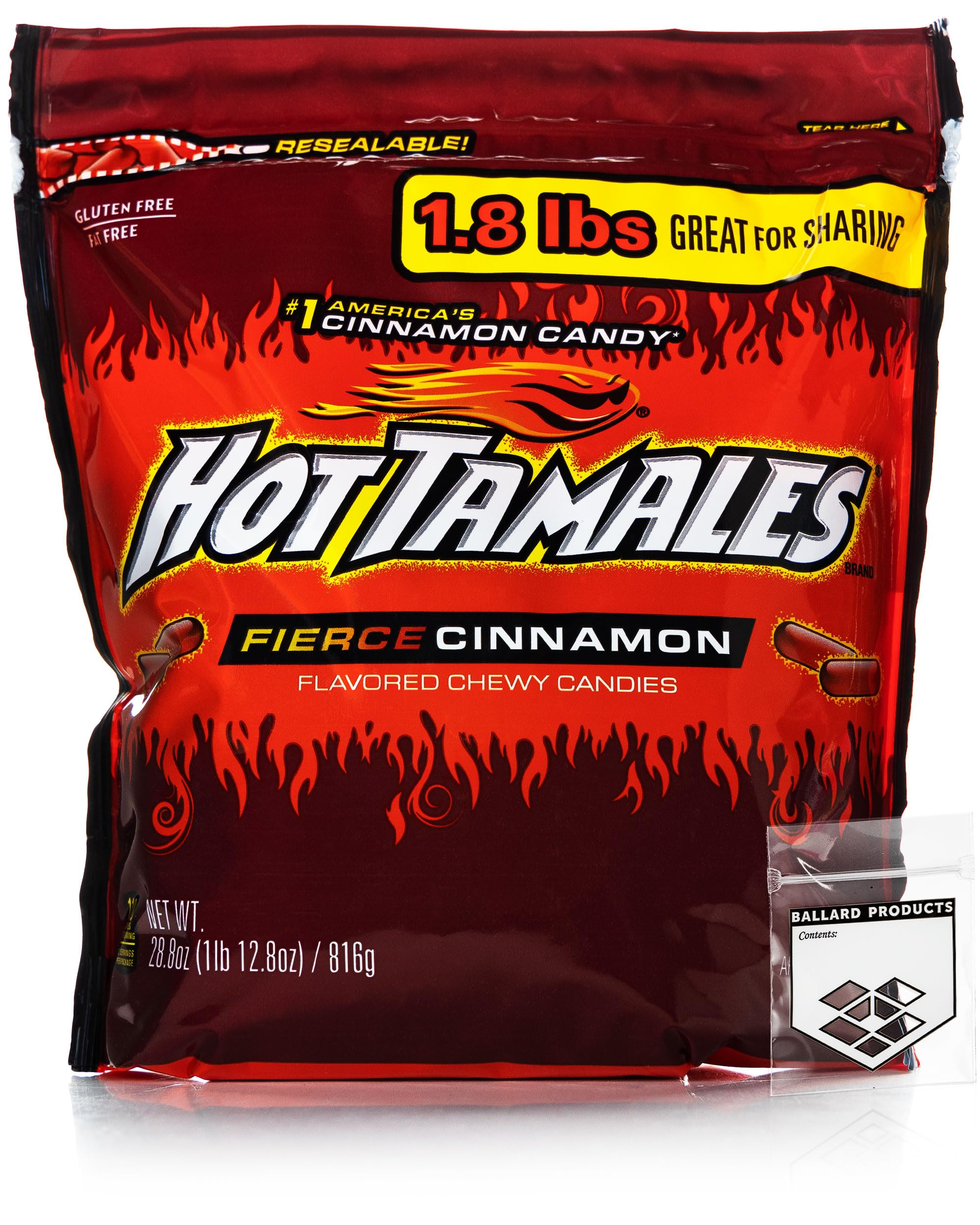 Hot Tamales Cinnamon Chewy Candy Pack of 1 Big Bag - 1.8lb Each - Bulk Candy Bundle of Spicy Cinnamon Candy - Bundle with Ballard Products Resealable