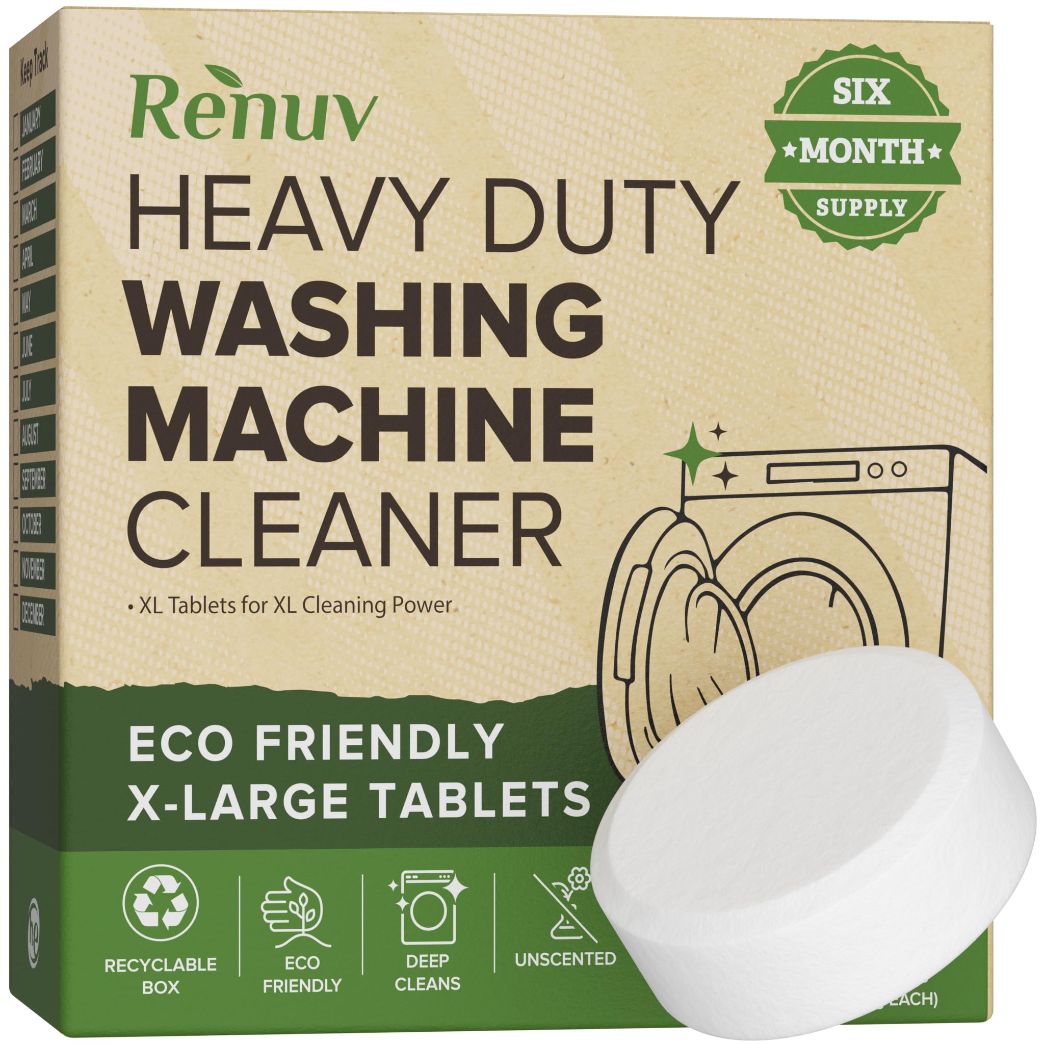 Renuv® Heavy Duty Washing Machine Cleaner Descaler Tablets - for Front Load, Top Load Washer, HE (6 XL Tablets - 6 Months Supply)