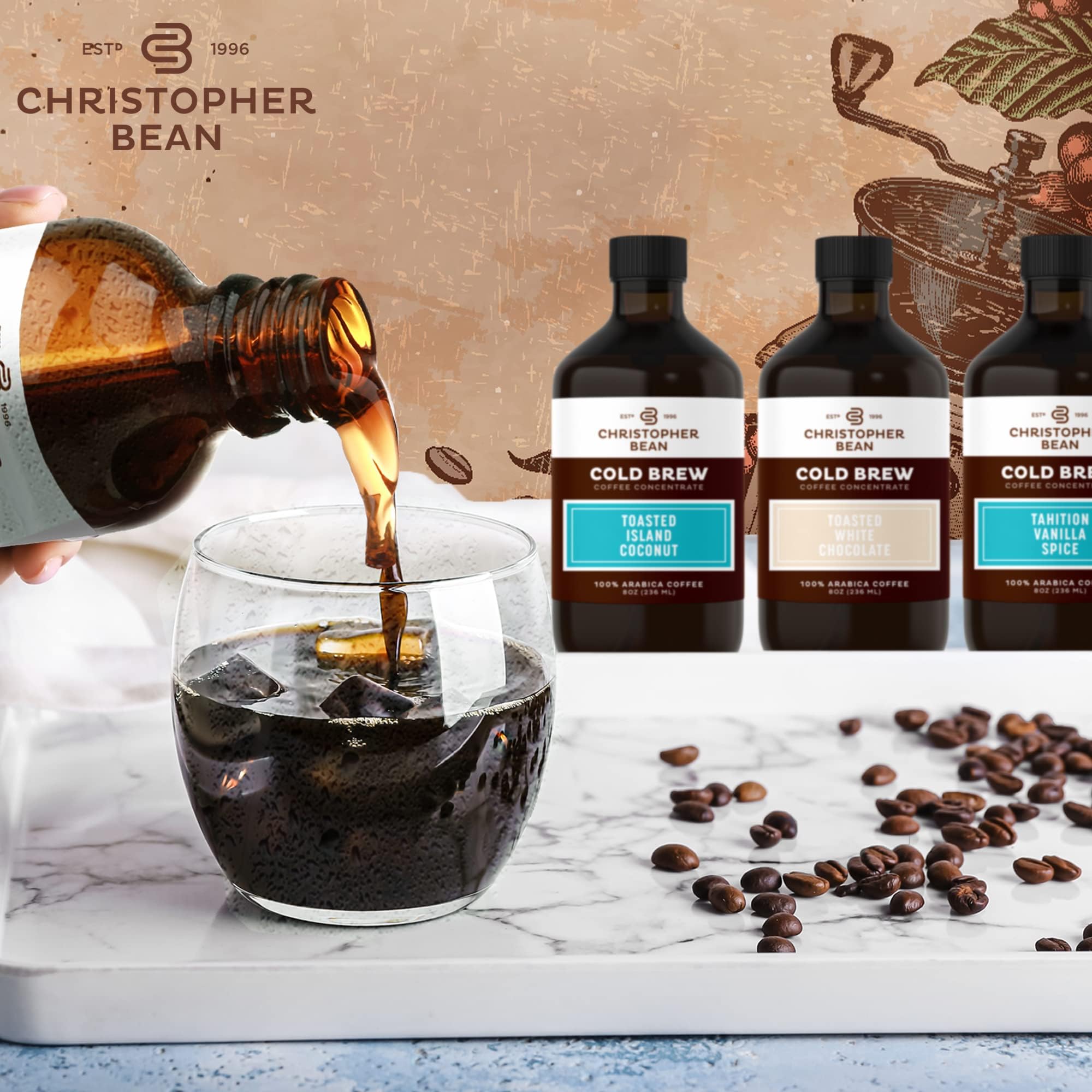 Christopher Bean Hand Crafted French Roast Flavored Coffee - Unsweetened Cold Brew & Iced Instant Coffee Distillate Liquid Java - Vanilla Coffee Beans
