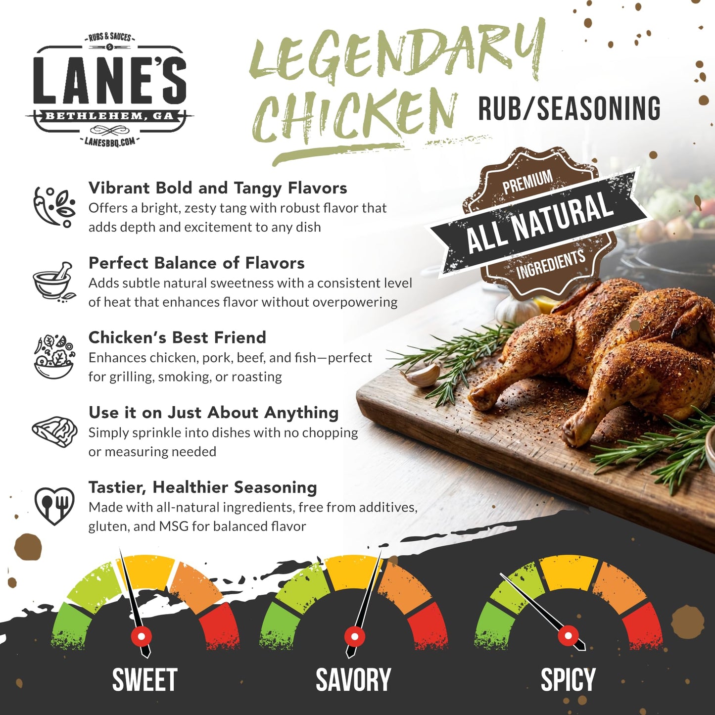 Lane's Legendary Chicken Rub, 13.3 oz - Bold & Balanced Chicken Seasoning Blend with Clean Ingredients, 0 Fat & Cholesterol, 5 Calories per Serving