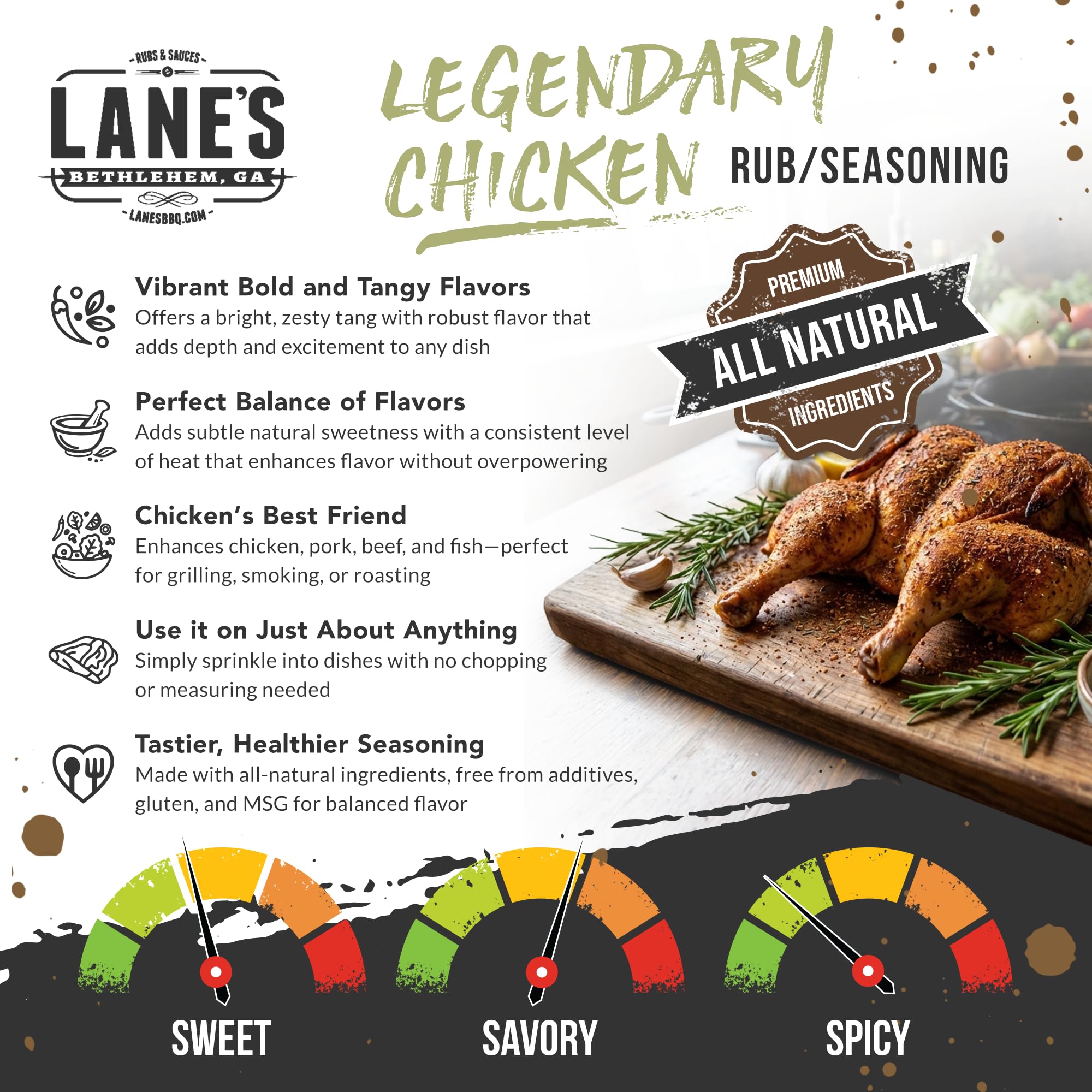 Lane's Legendary Chicken Rub, 13.3 oz - Bold & Balanced Chicken Seasoning Blend with Clean Ingredients, 0 Fat & Cholesterol, 5 Calories per Serving