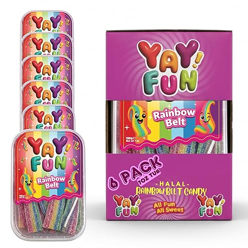 Halal Sour Rainbow Belt Gummy Candy | 6 Pack Bundle (6x7 oz Tubs) | Chewy Sour Rainbow Belt Candy | Resealable Tubs in Bulk with Display Box | Halal