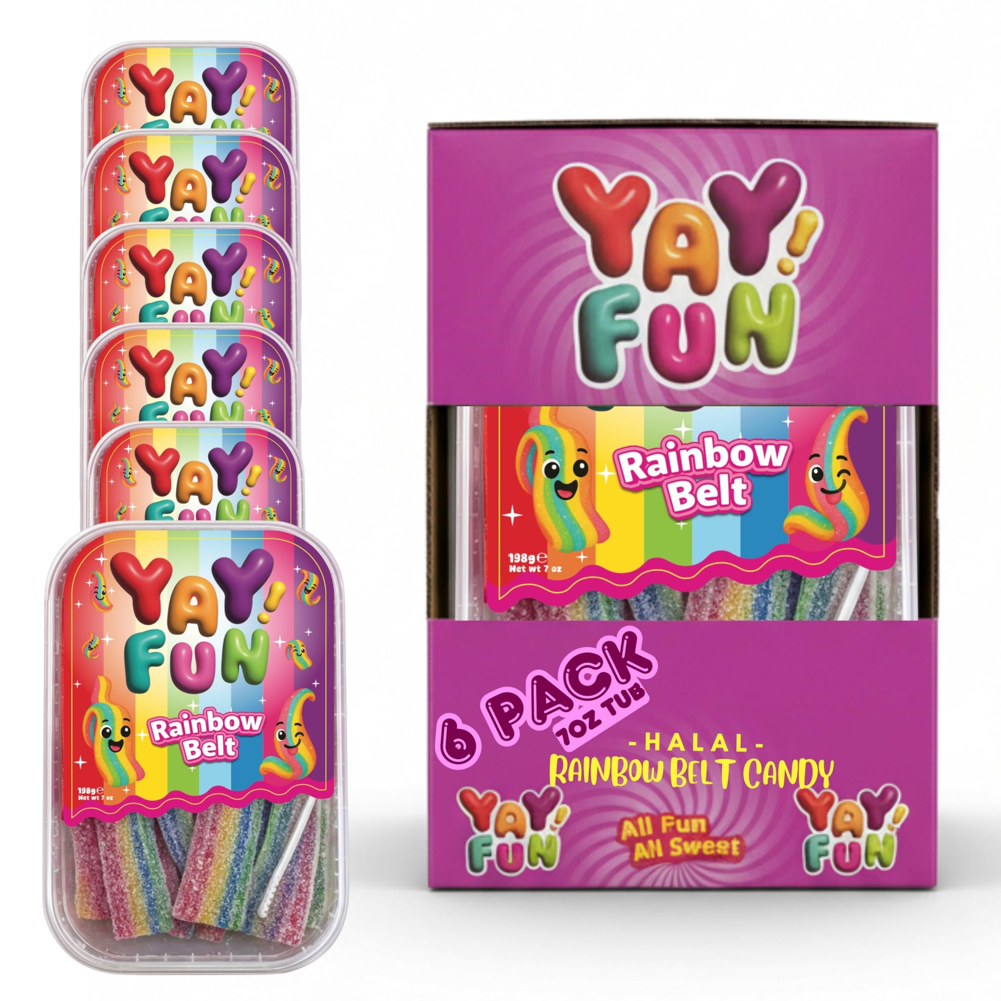 Halal Sour Rainbow Belt Gummy Candy | 6 Pack Bundle (6x7 oz Tubs) | Chewy Sour Rainbow Belt Candy | Resealable Tubs in Bulk with Display Box | Halal