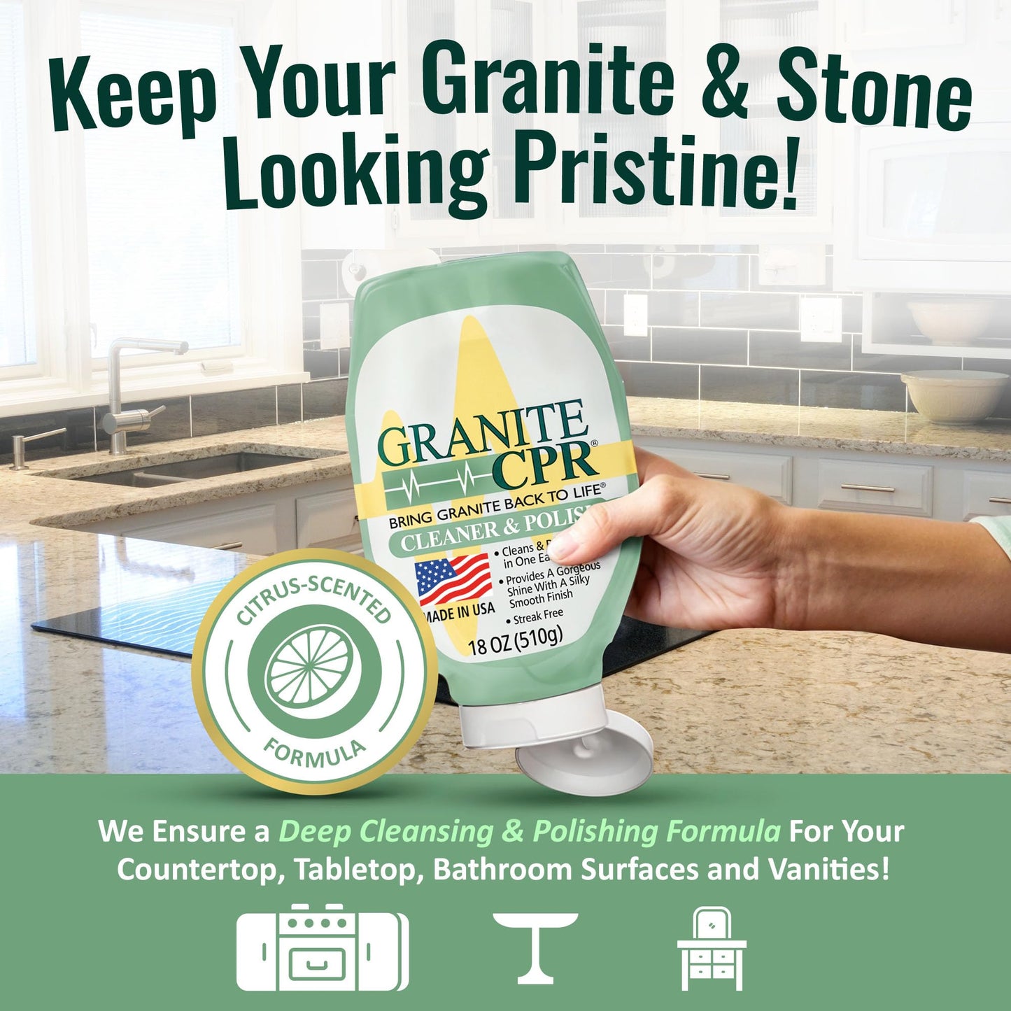 Granite CPR Cleaner & Polish Can Be Used Daily On Granite, Marble, Quartz & Corian. Leaves A Gorgeous Streak-Free Shine & Silky Smooth Finish. Cleans