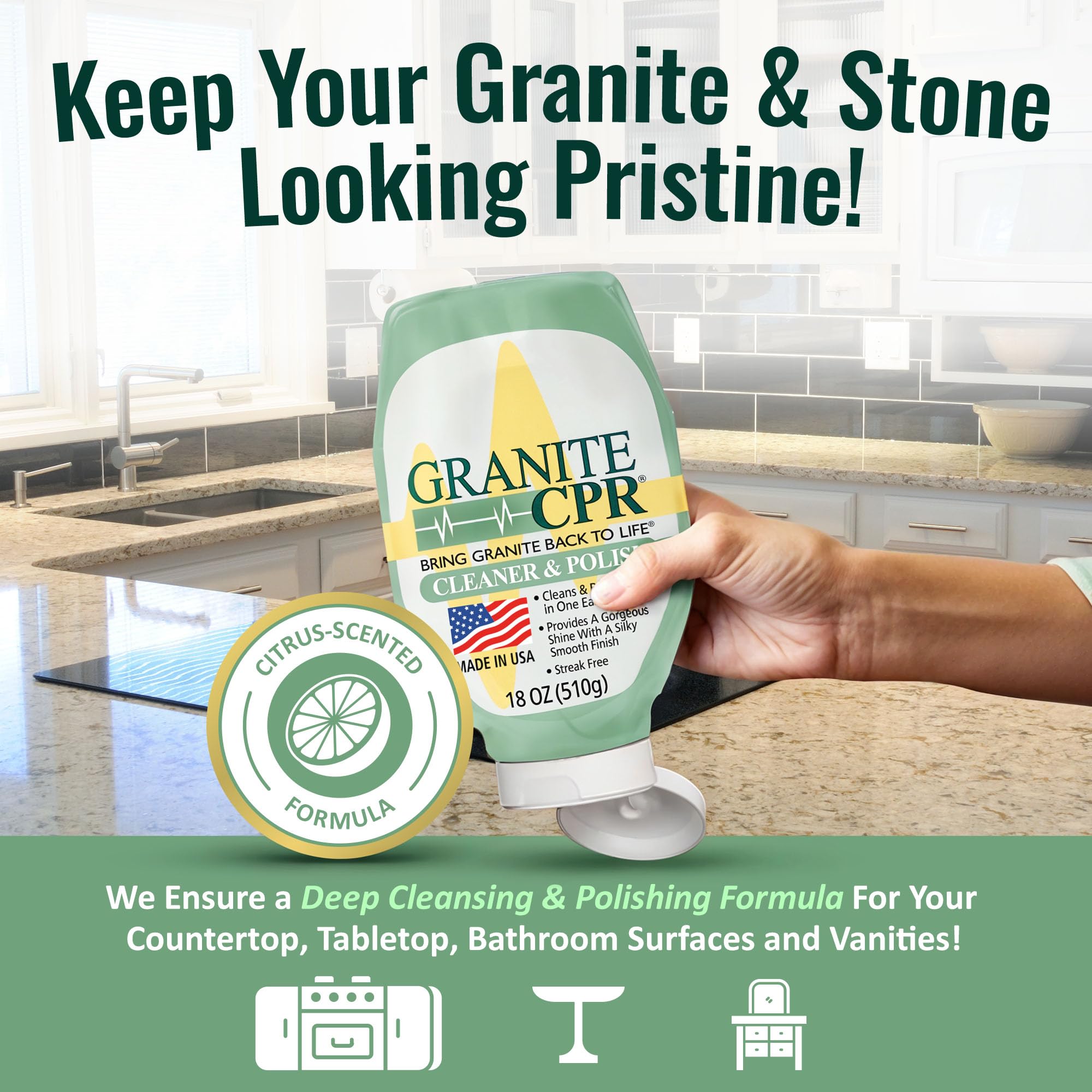 Granite CPR Cleaner & Polish Can Be Used Daily On Granite, Marble, Quartz & Corian. Leaves A Gorgeous Streak-Free Shine & Silky Smooth Finish. Cleans