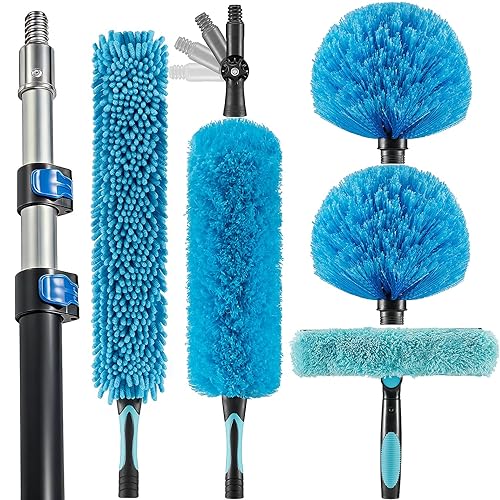 Hicavar 20 Foot High Ceiling Fan Duster with 5-12ft Extension Pole, Extendable Reusable Cobweb, Feather, Window Cleaning Squeegee Kit