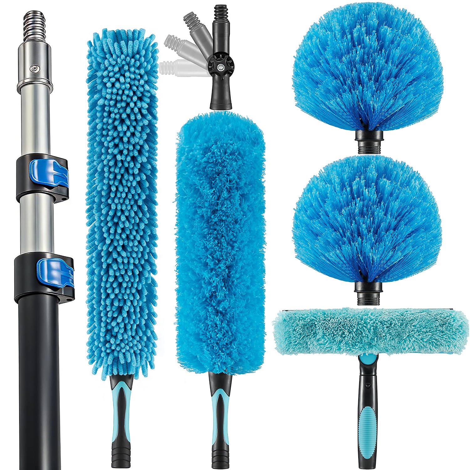 Hicavar 20 Foot High Ceiling Fan Duster with 5-12ft Extension Pole, Extendable Reusable Cobweb, Feather, Window Cleaning Squeegee Kit