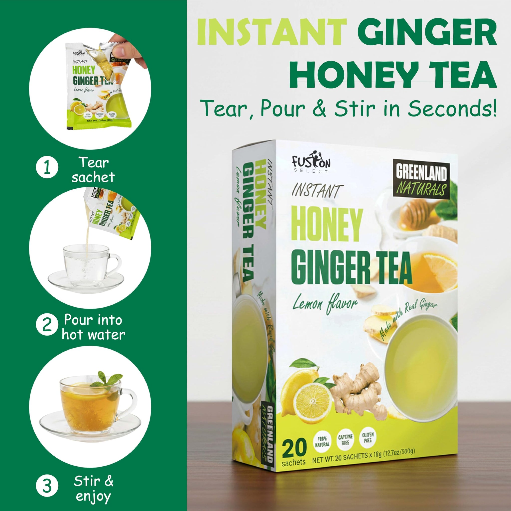 Fusion Select 20 Sachets Original Ginger Honey Crystals Packets - Crystallized Ginger Tea with Honey - Easy-to-Prepare Instant Drink Mix - Natural