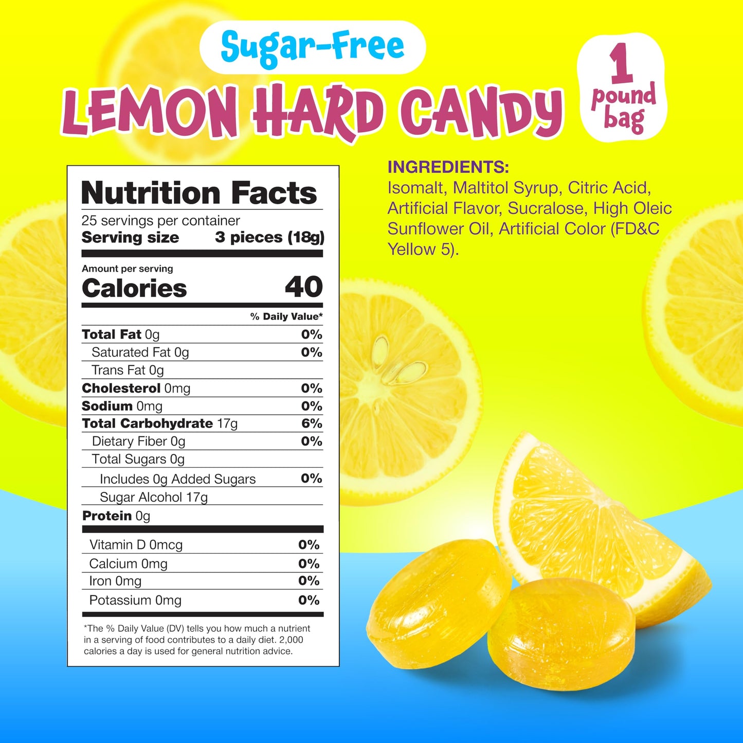 Sugar Free Lemon Drops - 1 Pound Pack - Sugar Free Hard Candy - Lemon Candy for Office, Snacking & Gifting - Individually Wrapped Sugarless Citrus