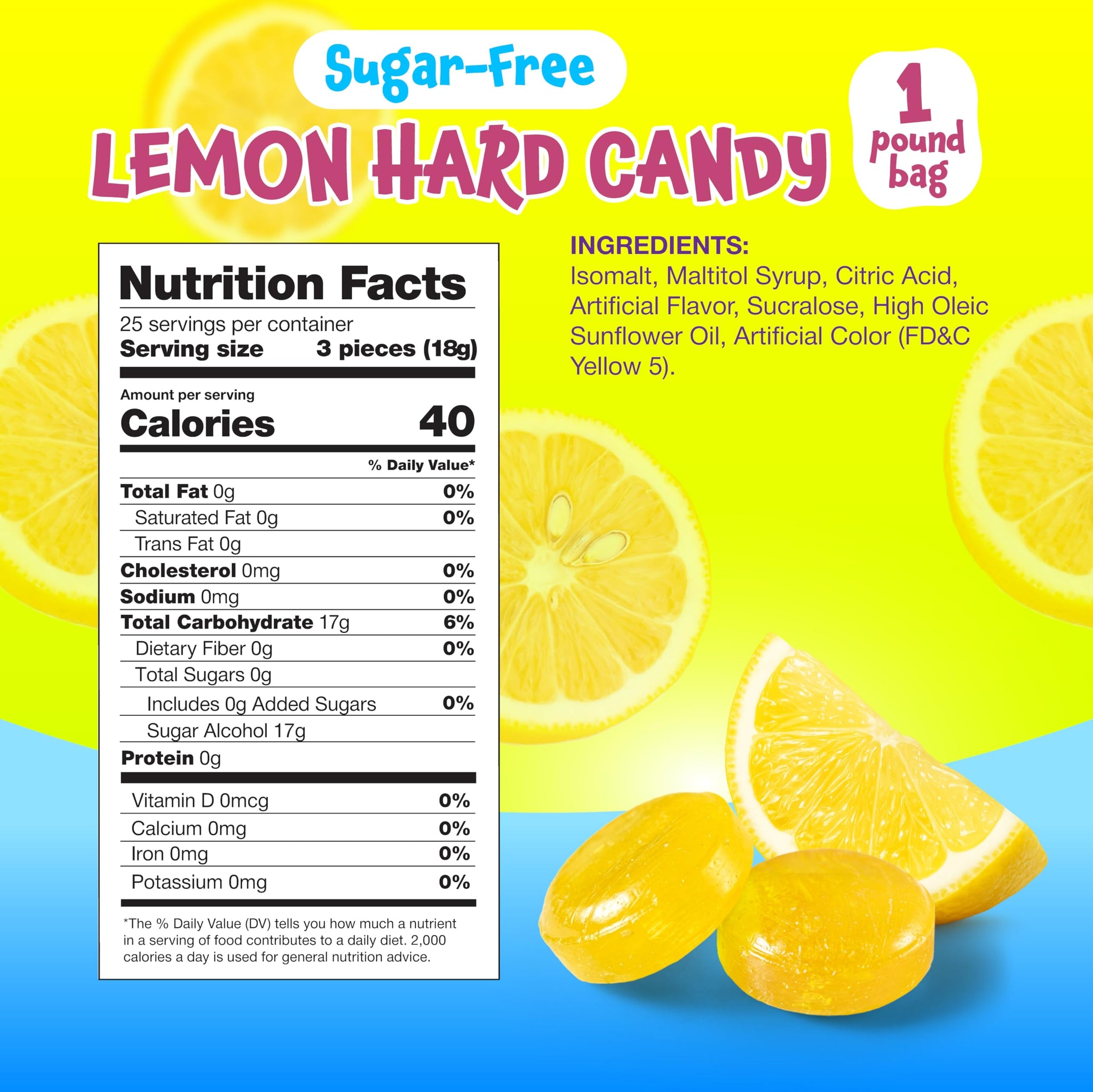Sugar Free Lemon Drops - 1 Pound Pack - Sugar Free Hard Candy - Lemon Candy for Office, Snacking & Gifting - Individually Wrapped Sugarless Citrus