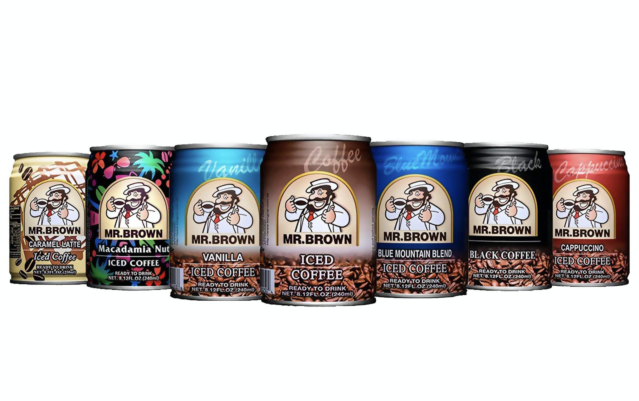 Mr. Brown Coffee Drink Variety Combo (Blue Mountain, Black, Caramel Latte, Macadamia Nut, Vanilla, Cappuccino, Ice Coffee) | Pack of 7