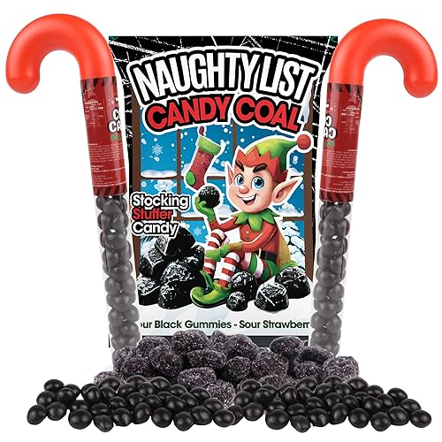Naughty List Christmas Candy Coal Gift Set, Sour Gummies and Strawberry Chews, Funny Stocking Stuffer Treats, 3 Items