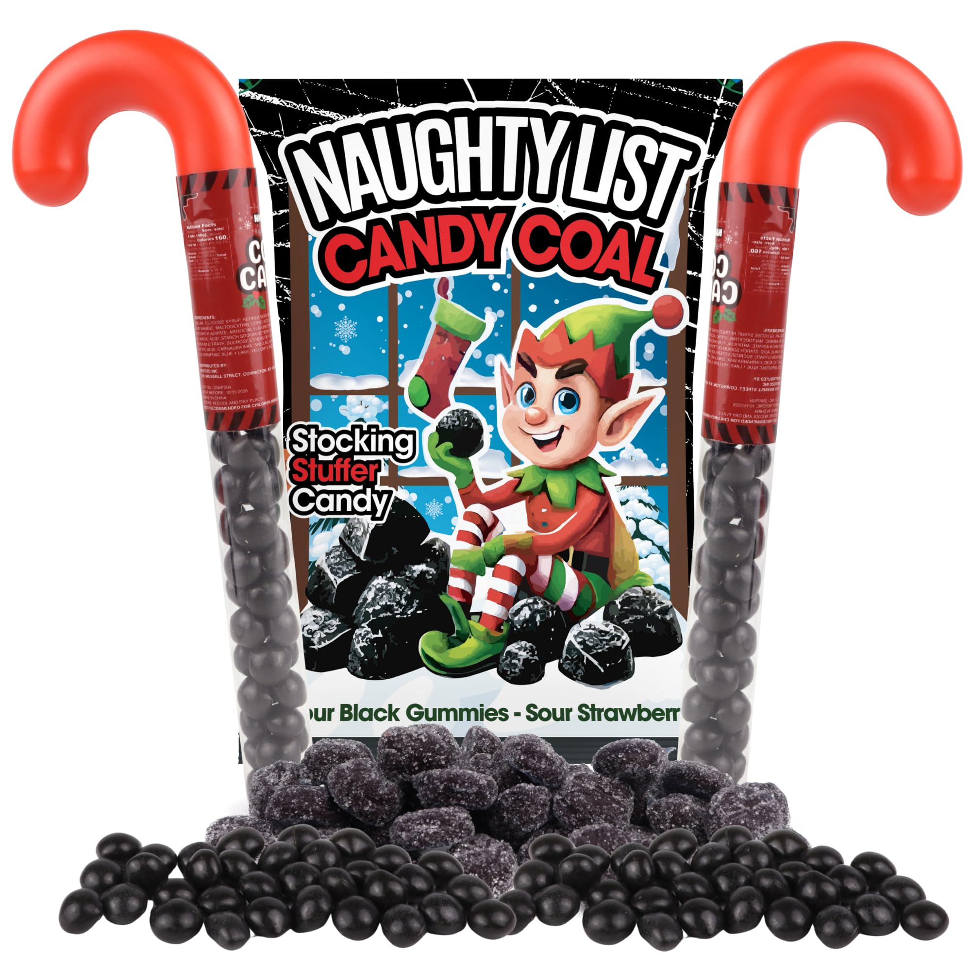 Naughty List Christmas Candy Coal Gift Set, Sour Gummies and Strawberry Chews, Funny Stocking Stuffer Treats, 3 Items