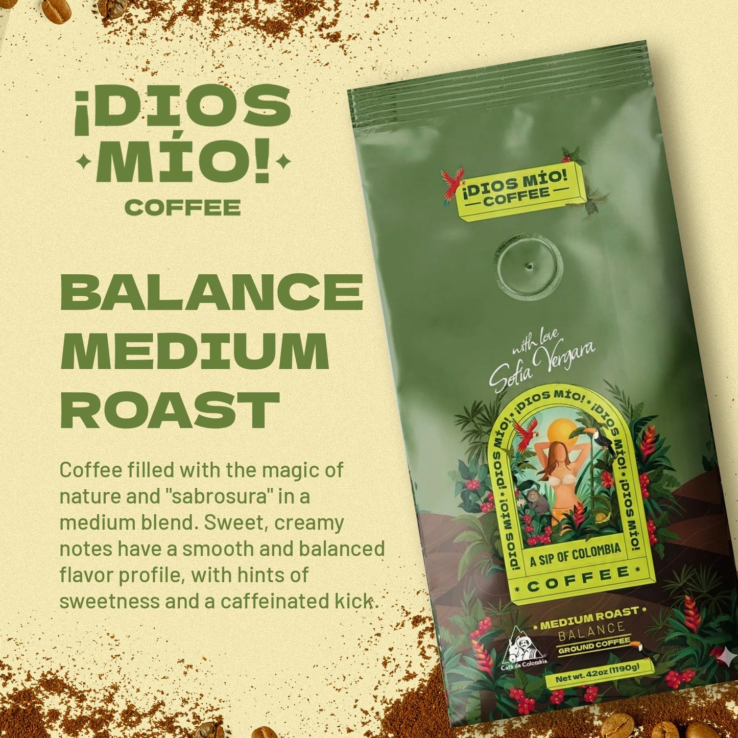 Dios Mio Coffee by Sofia Vergara, Medium Roast, Ground Premium Colombian Coffee, 42 Ounce Bag