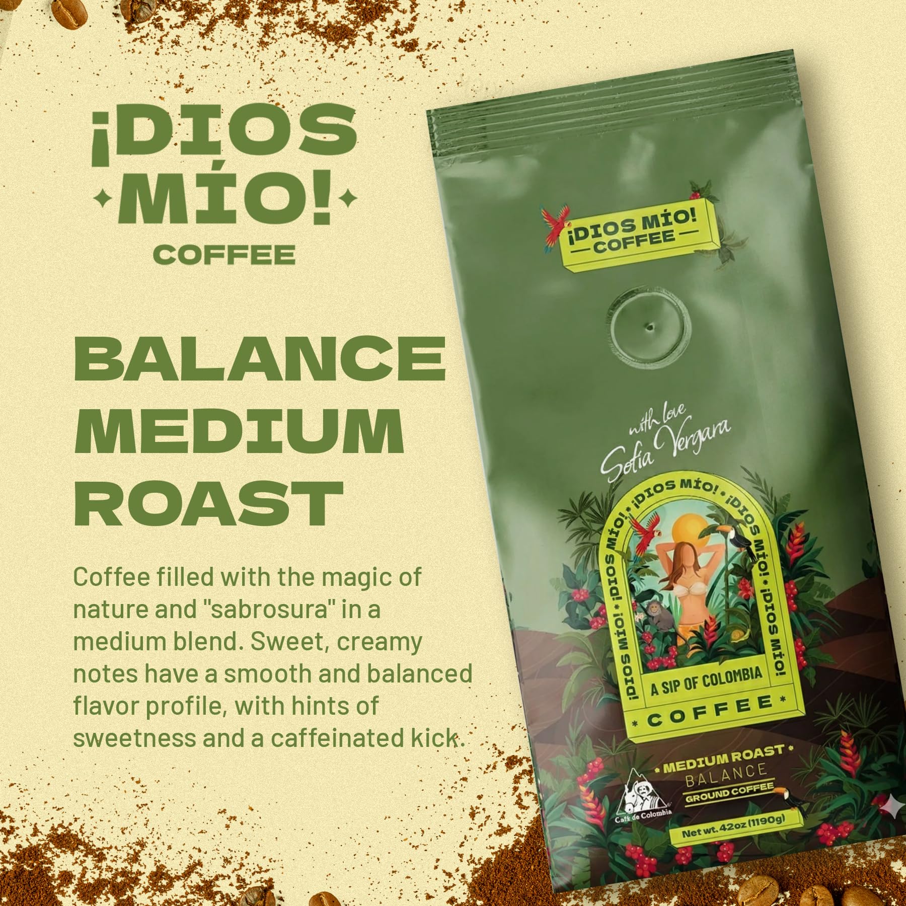 Dios Mio Coffee by Sofia Vergara, Medium Roast, Ground Premium Colombian Coffee, 42 Ounce Bag
