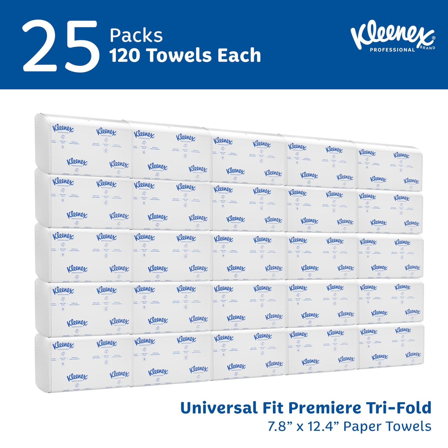 Kleenex Professional Premiere Towels, Bulk (13253), Fast-Drying Absorbency Pockets, Trifold, White (120 Sheets/Pack, 25 Packs/Case, 3,000 Sheet Total)