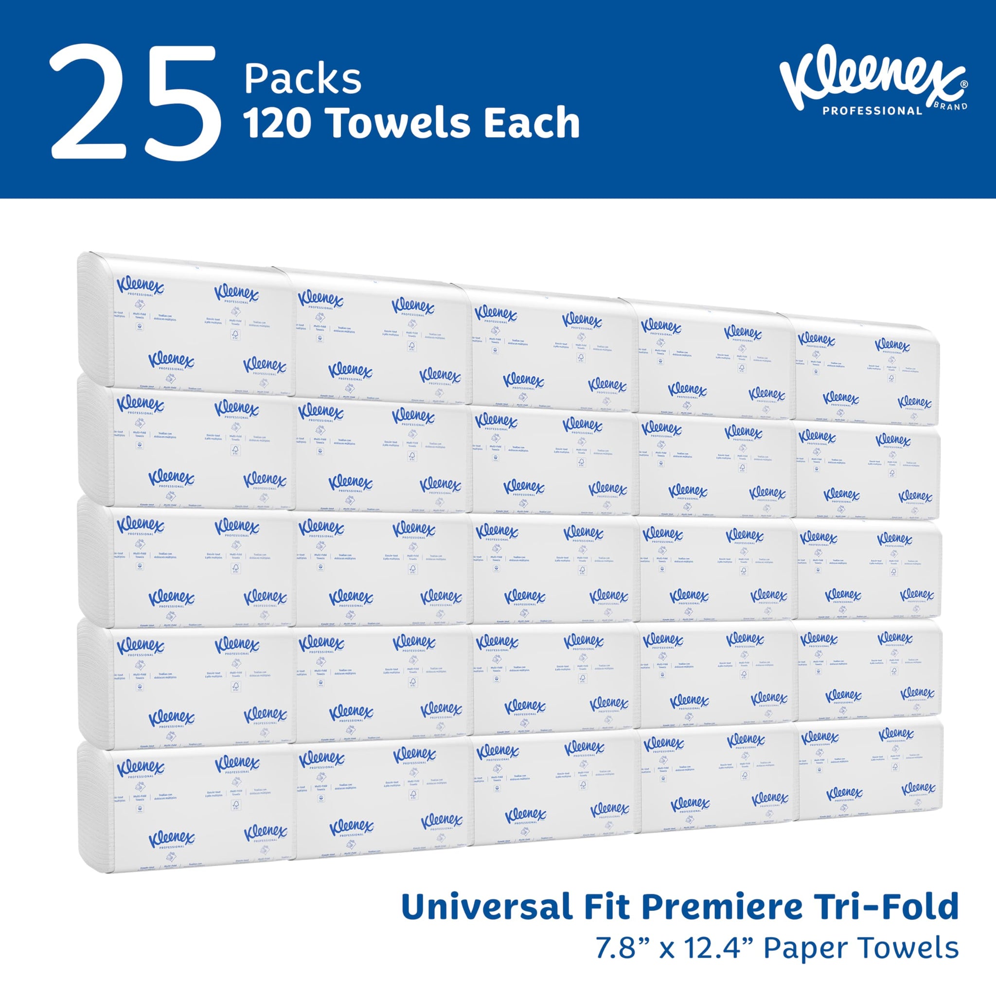 Kleenex Professional Premiere Towels, Bulk (13253), Fast-Drying Absorbency Pockets, Trifold, White (120 Sheets/Pack, 25 Packs/Case, 3,000 Sheet Total)