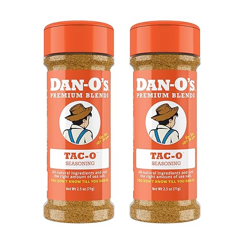 Dan-O's Tac-O Seasoning, 2.5 oz Bottle, 2 Pack, All Purpose Taco Seasoning for Tacos, Quesadillas, Ground Beef and More, Sugar Free, Zero Calorie, Use