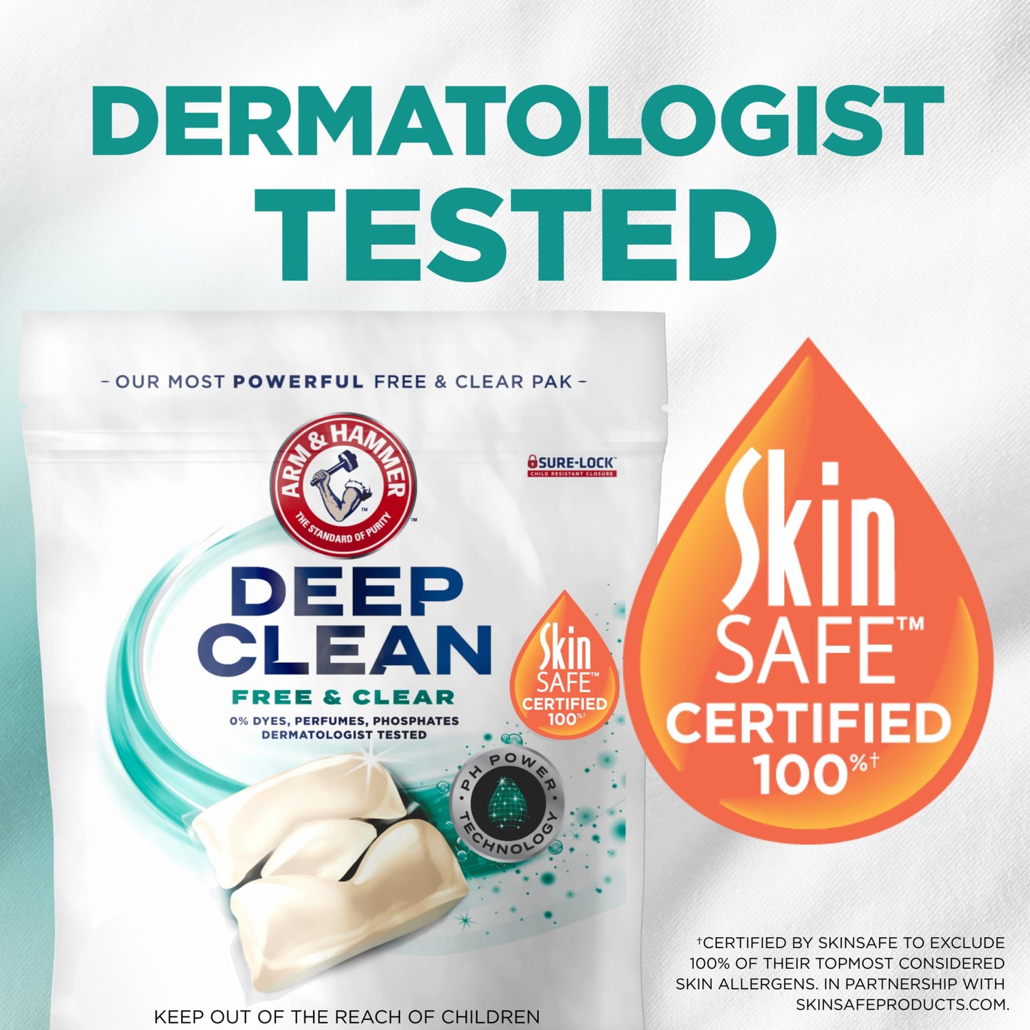 ARM & HAMMER Deep Clean Free & Clear Laundry Detergent Power Paks, Free of Dyes and Perfumes, Dermatologist Tested, 32 Count