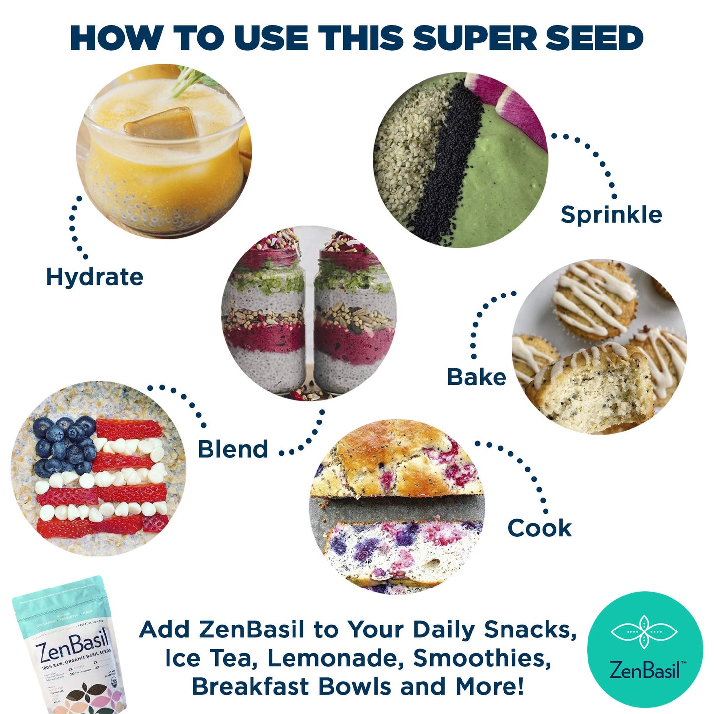 Zen Basil Seeds | edible basil seeds, kosher, non-gmo, lectin free, gluten free, plant based, keto, paleo, vegan | 15g fiber per/serv | 14oz | more